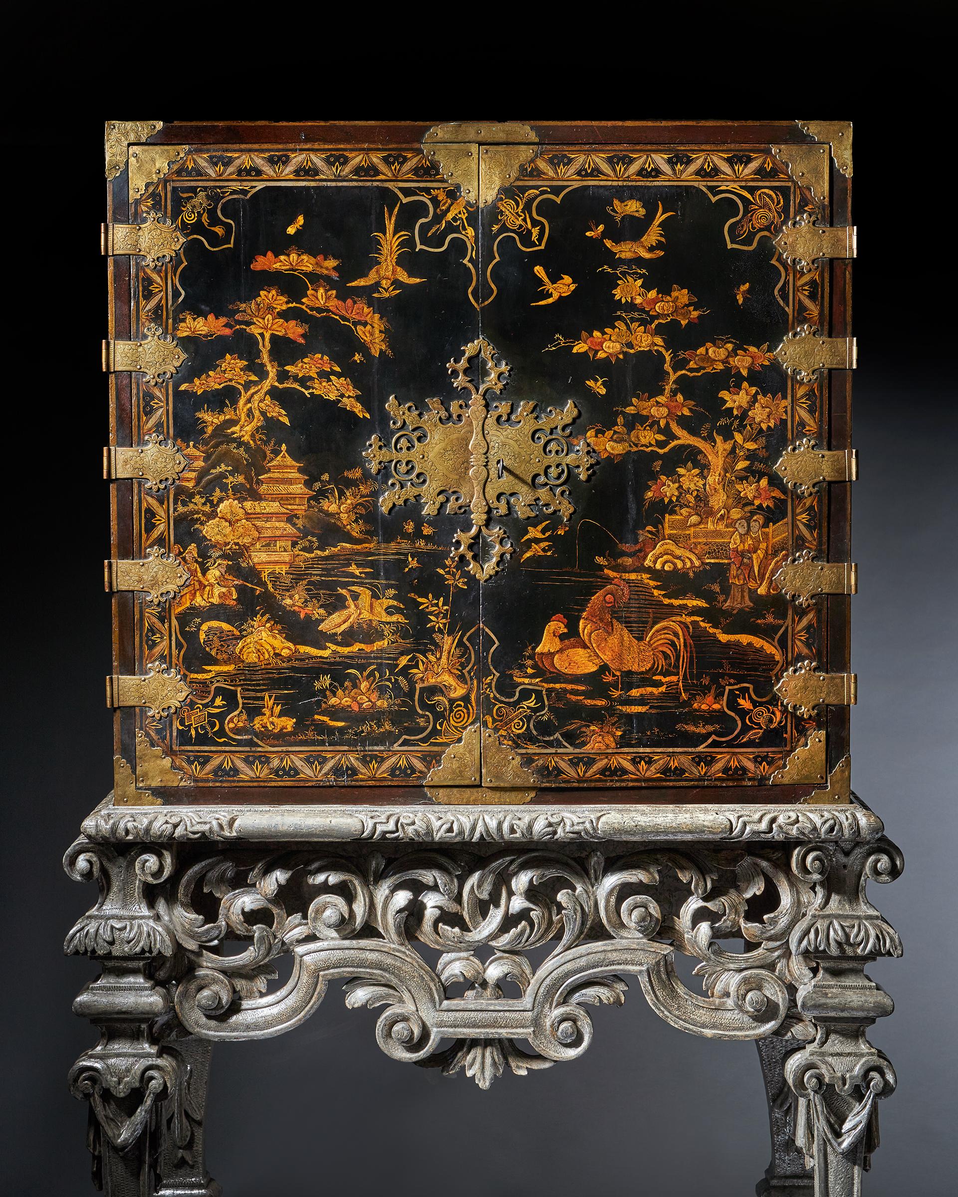 Silver Leaf 17th Century William and Mary Japanned Cabinet on Original Silver Gilt Stand