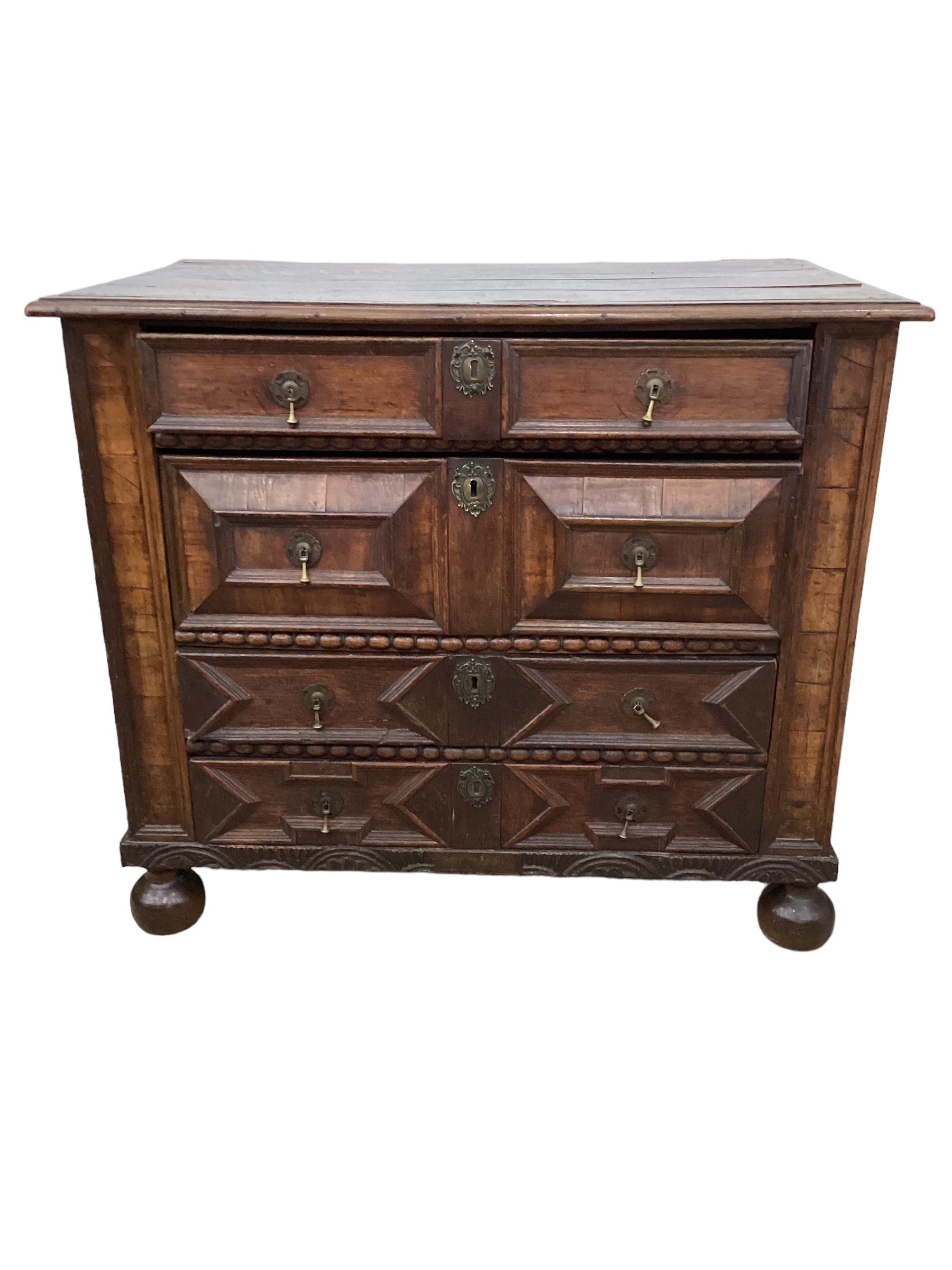 An 18th Century William and Mary Oak Chest. Especially desirable size and proportion. This chest features the classic straight lines and simple geometric shapes that is characteristic of this time period, a sharp contrast of earlier baroque styles.
