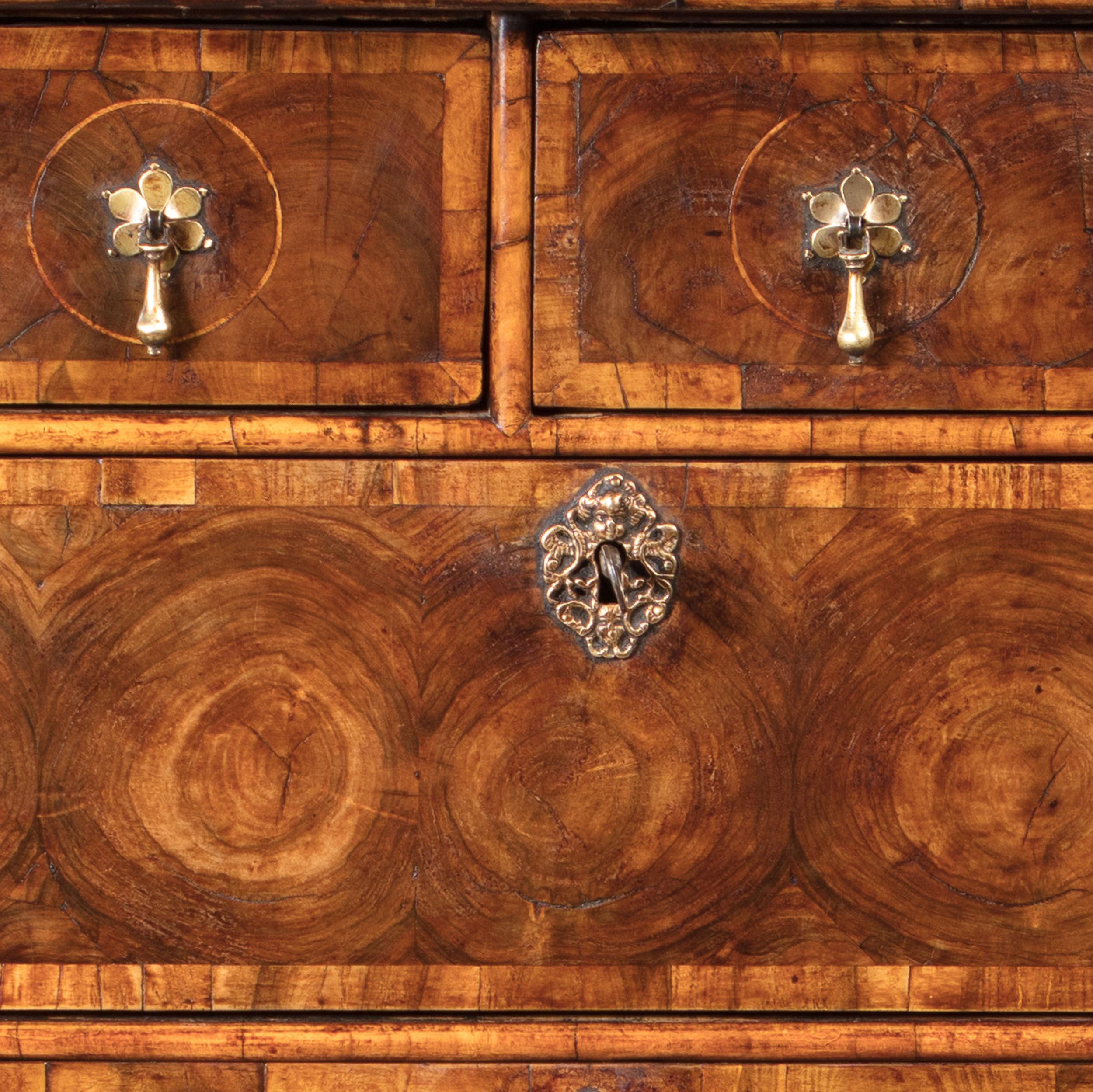 English 17th Century William and Mary Olive Oyster Chest of Drawers on Stand