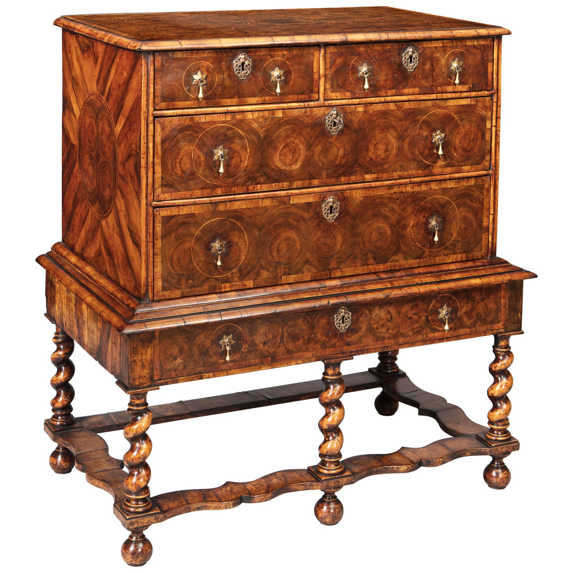 17th Century William and Mary Olive Oyster Chest of Drawers on Stand