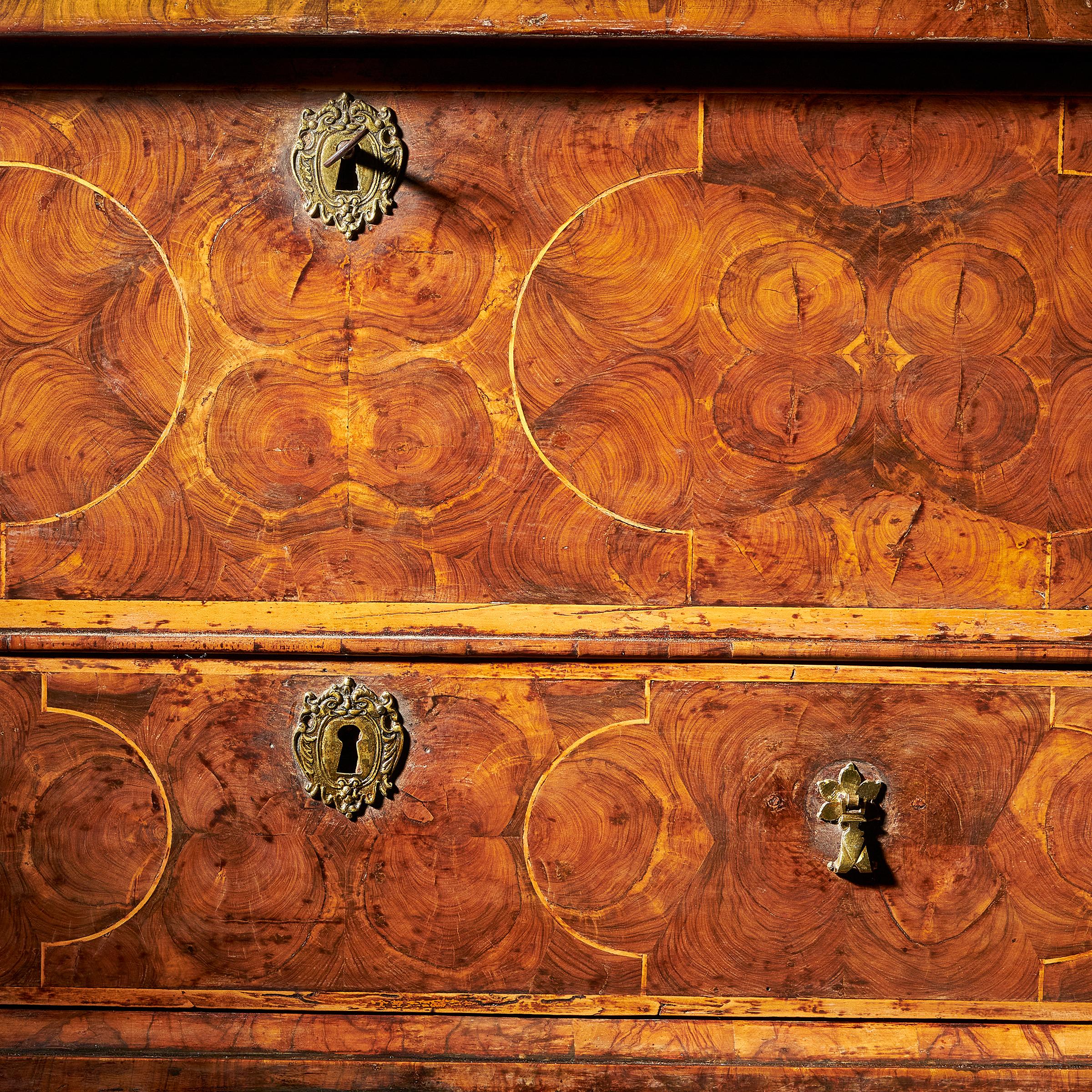 17th Century William and Mary Olive Oyster Chest on Stand or Table Box For Sale 6