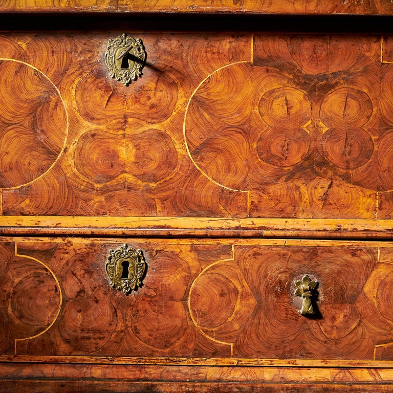 17th Century William and Mary Olive Oyster Chest on Stand or Table Box For Sale 7