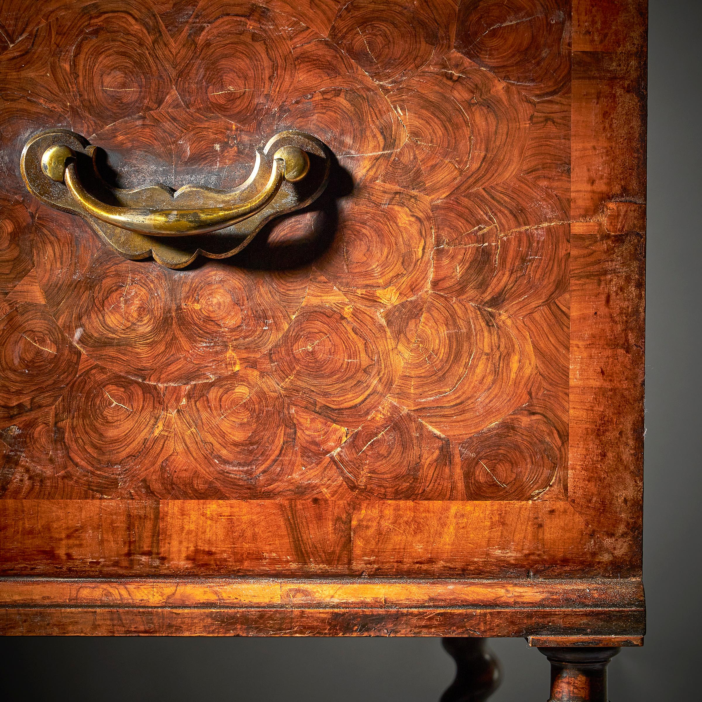 17th Century William and Mary Olive Oyster Chest on Stand or Table Box For Sale 11