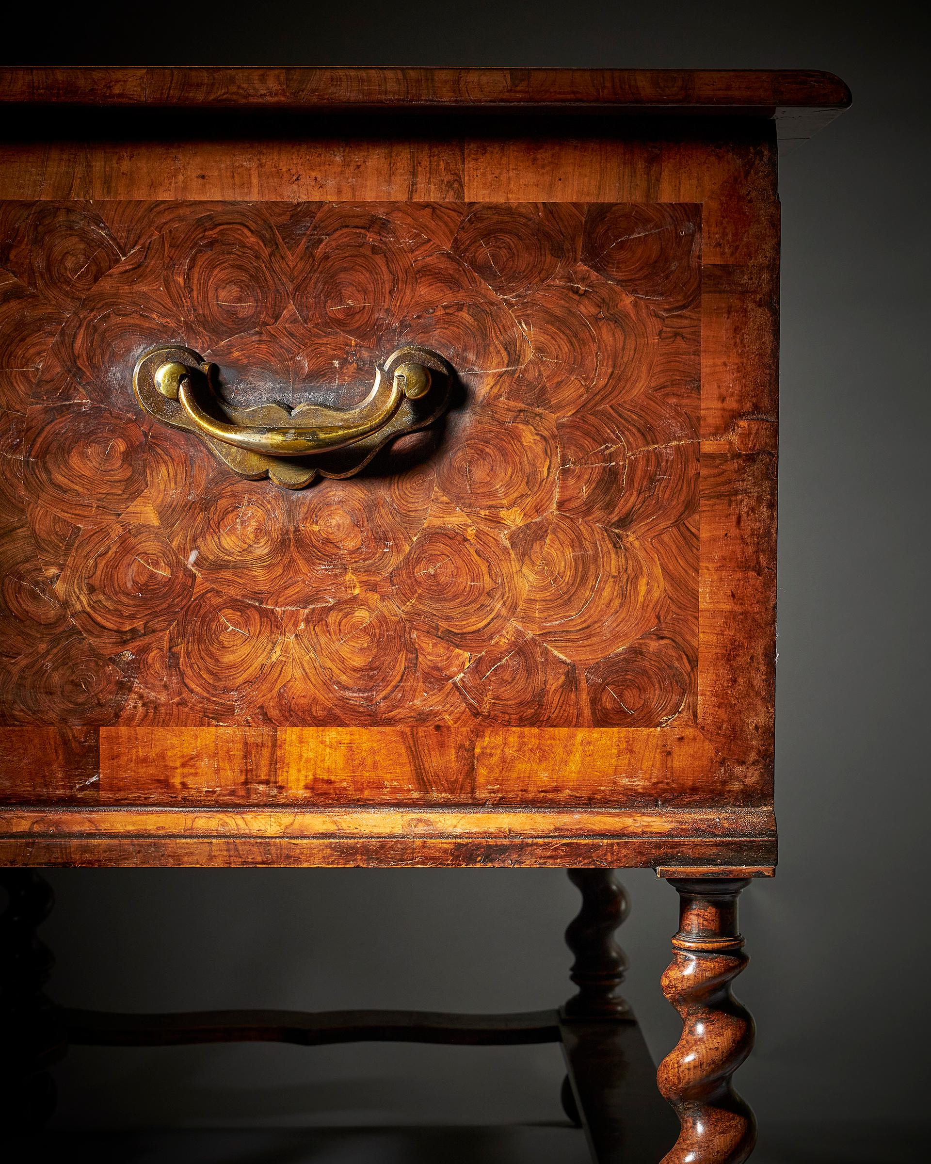 17th Century William and Mary Olive Oyster Chest on Stand or Table Box For Sale 13