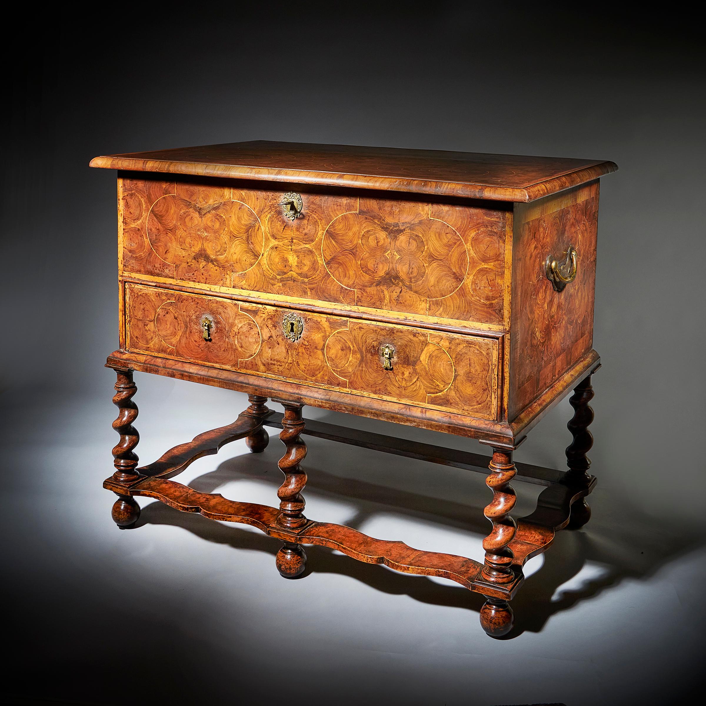 English 17th Century William and Mary Olive Oyster Chest on Stand or Table Box For Sale