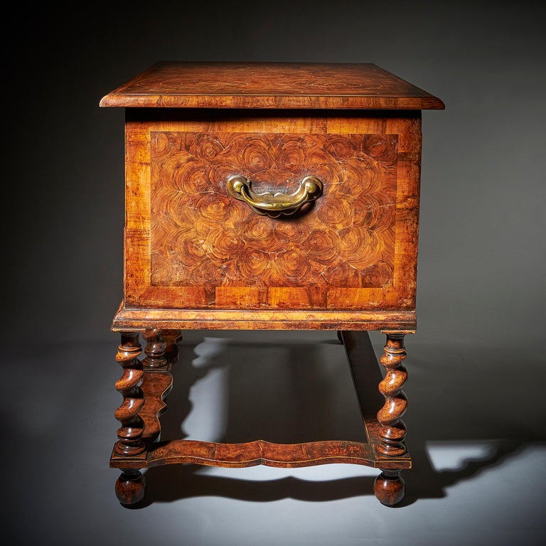 17th Century William and Mary Olive Oyster Chest on Stand or Table Box For Sale 1