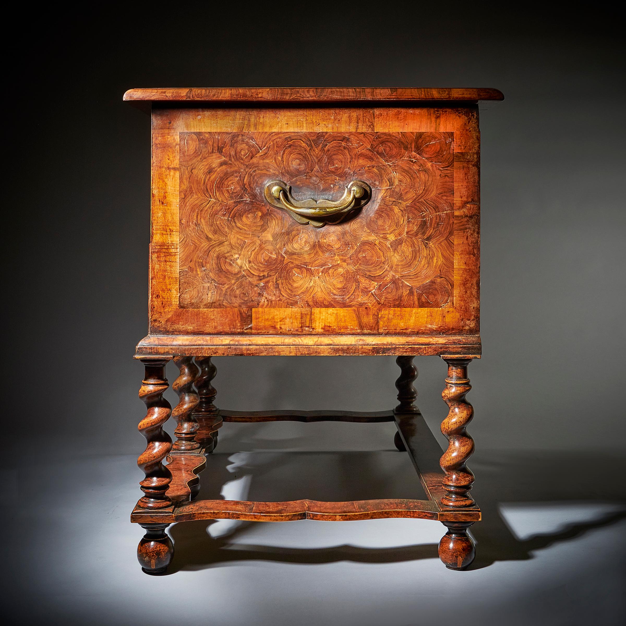 17th Century William and Mary Olive Oyster Chest on Stand or Table Box For Sale 2