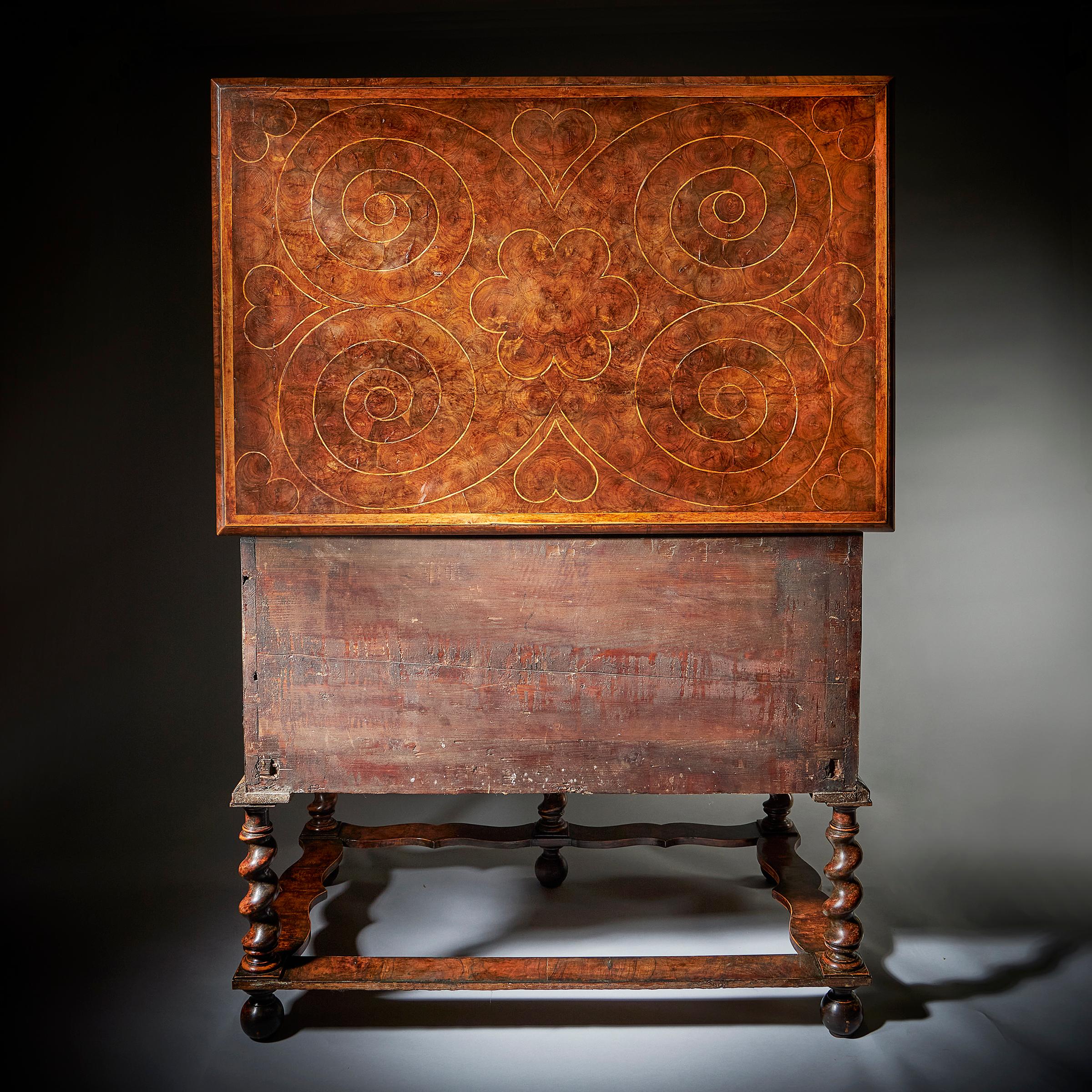 17th Century William and Mary Olive Oyster Chest on Stand or Table Box For Sale 3