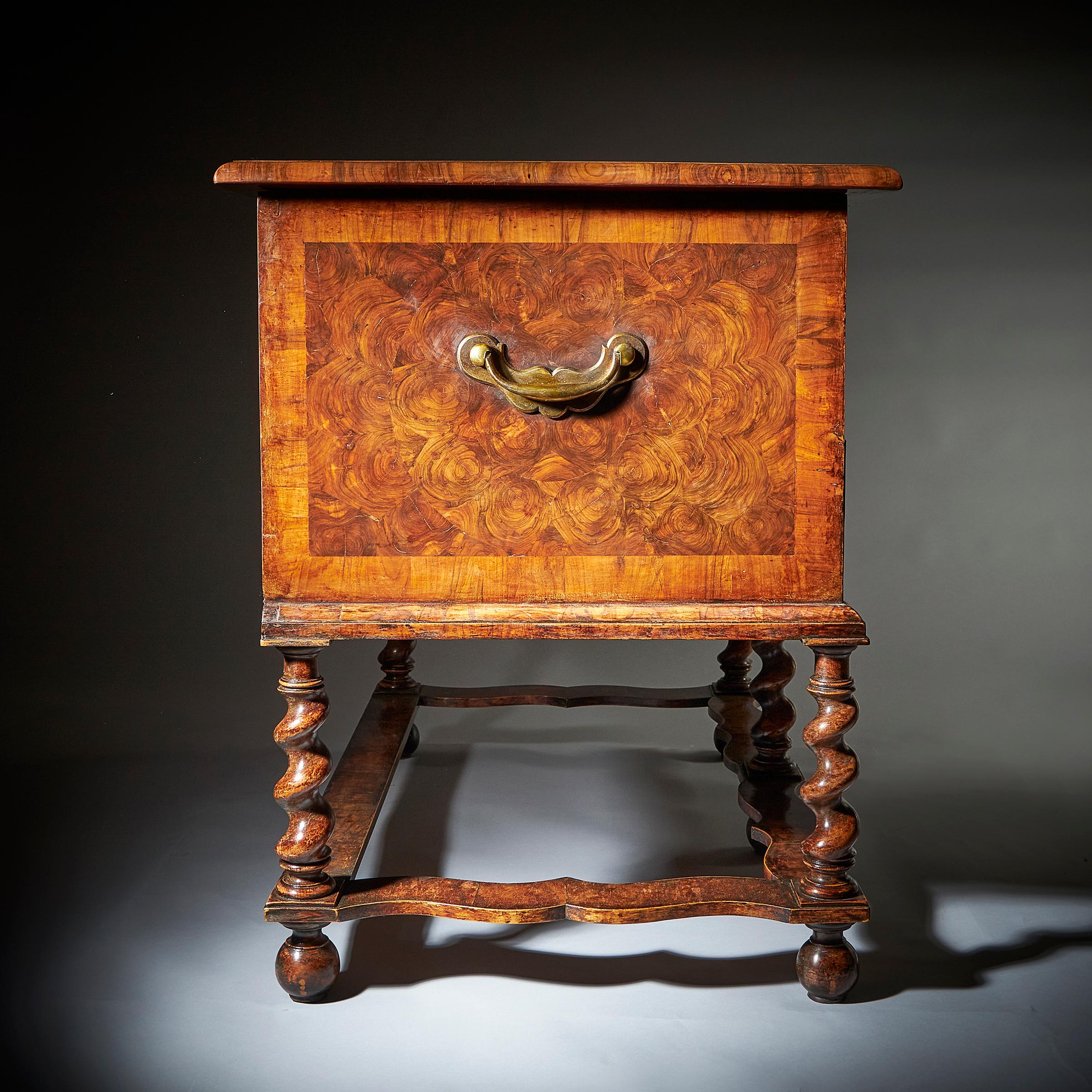 17th Century William and Mary Olive Oyster Chest on Stand or Table Box For Sale 4