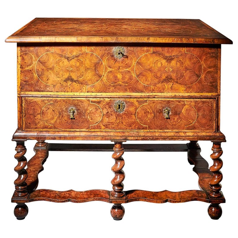 17th Century William and Mary Olive Oyster Chest on Stand or Table Box For Sale
