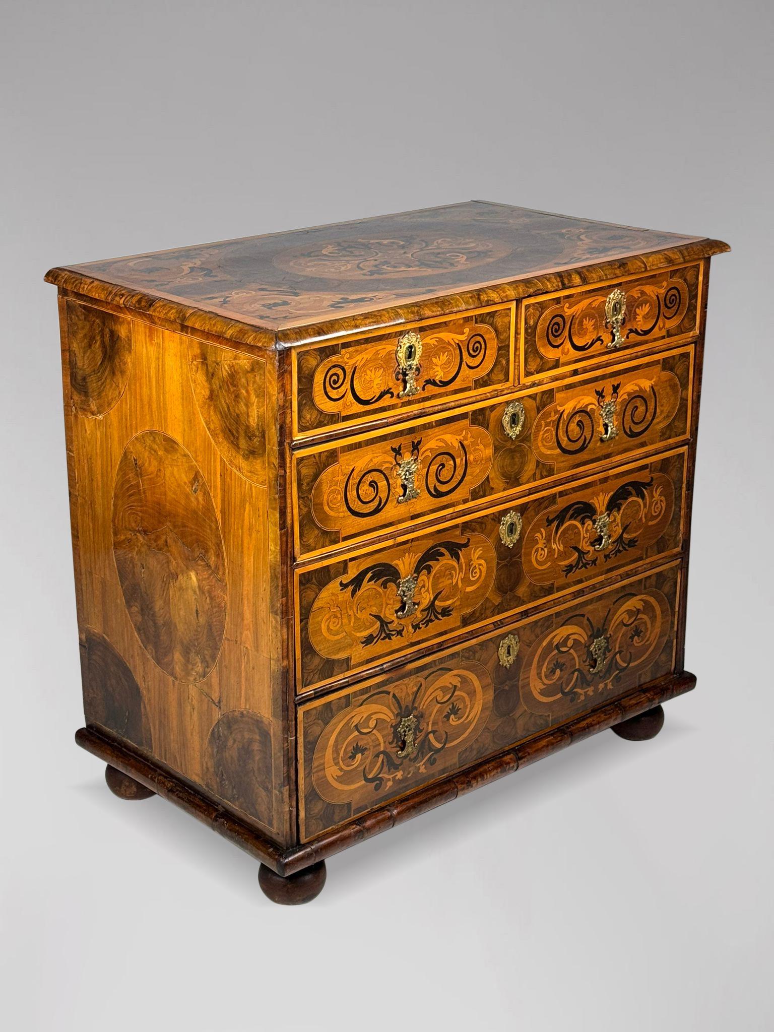 17th Century William & Mary Period Marquetry Inlaid Oyster Chest of Drawers For Sale 11