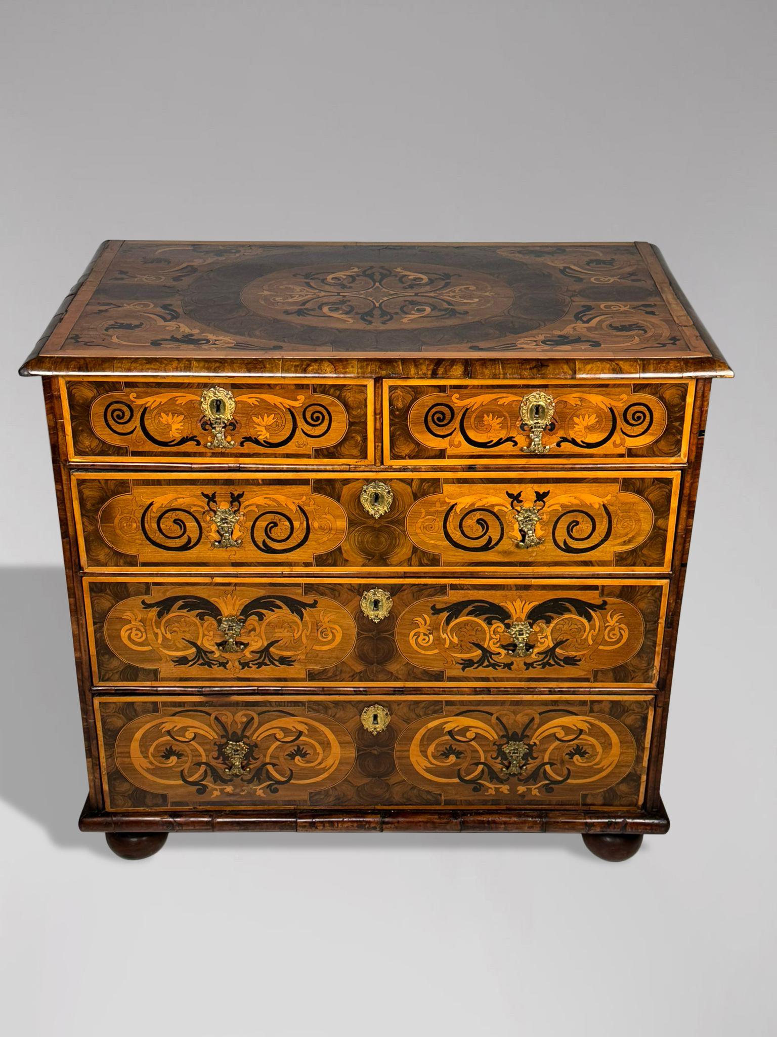Very Fine 17th-Century William and Mary Period Marquetry Inlaid Oyster Walnut Chest of Drawers

This exquisite chest of drawers exemplifies the craftsmanship of the late 17th century, showcasing the artistry of the William and Mary period. It