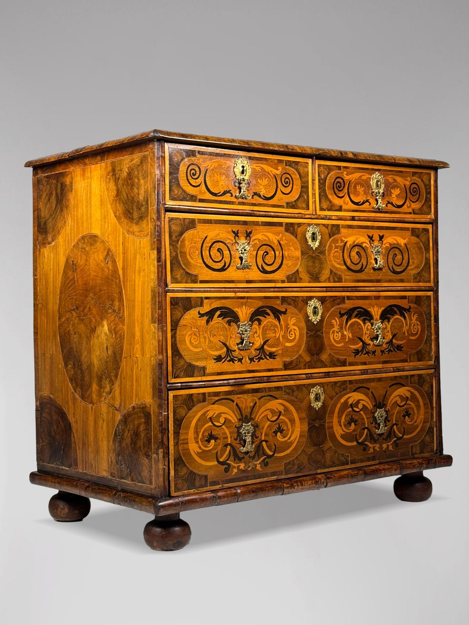 William and Mary 17th Century William & Mary Period Marquetry Inlaid Oyster Chest of Drawers For Sale