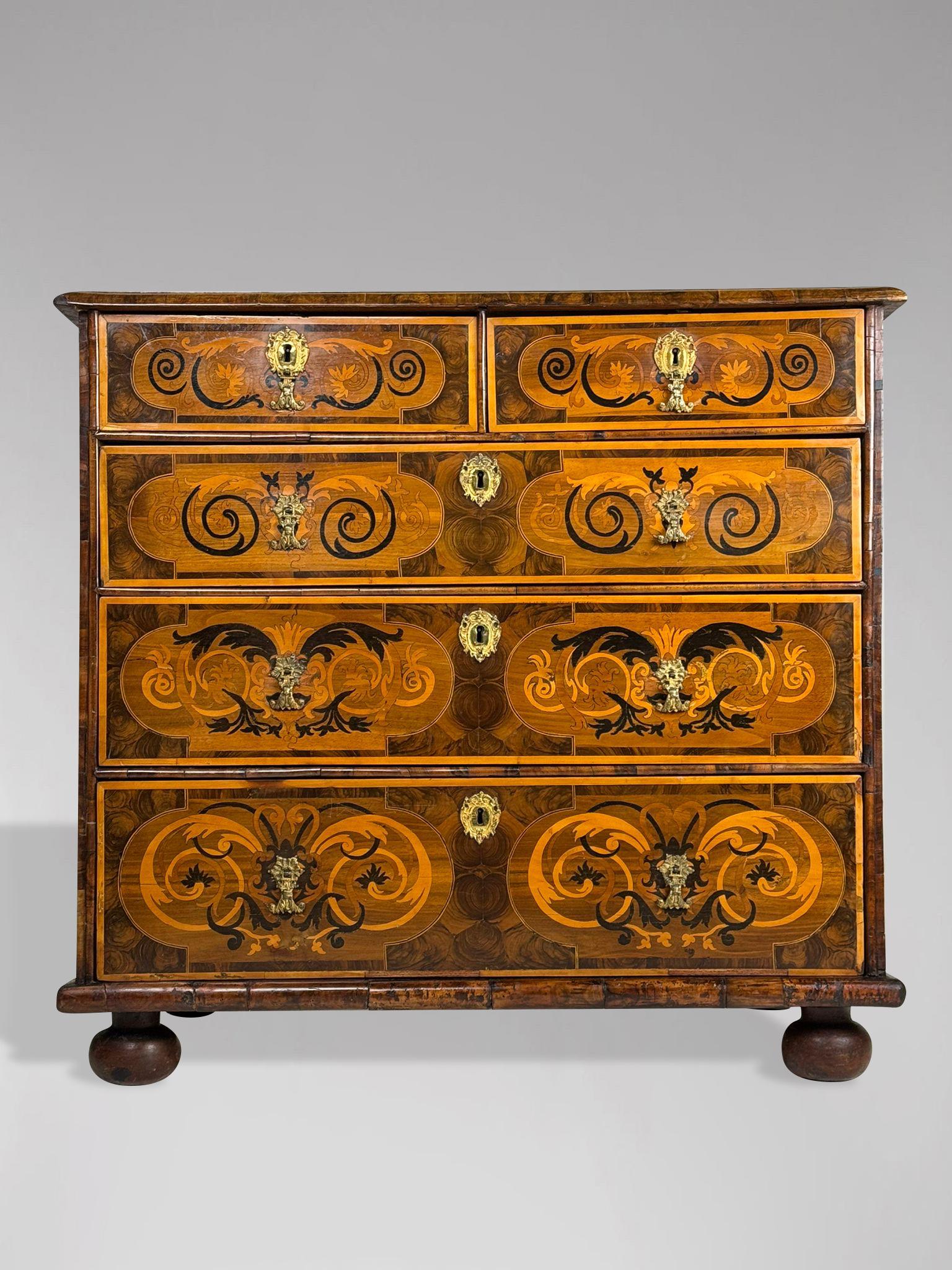 British 17th Century William & Mary Period Marquetry Inlaid Oyster Chest of Drawers For Sale