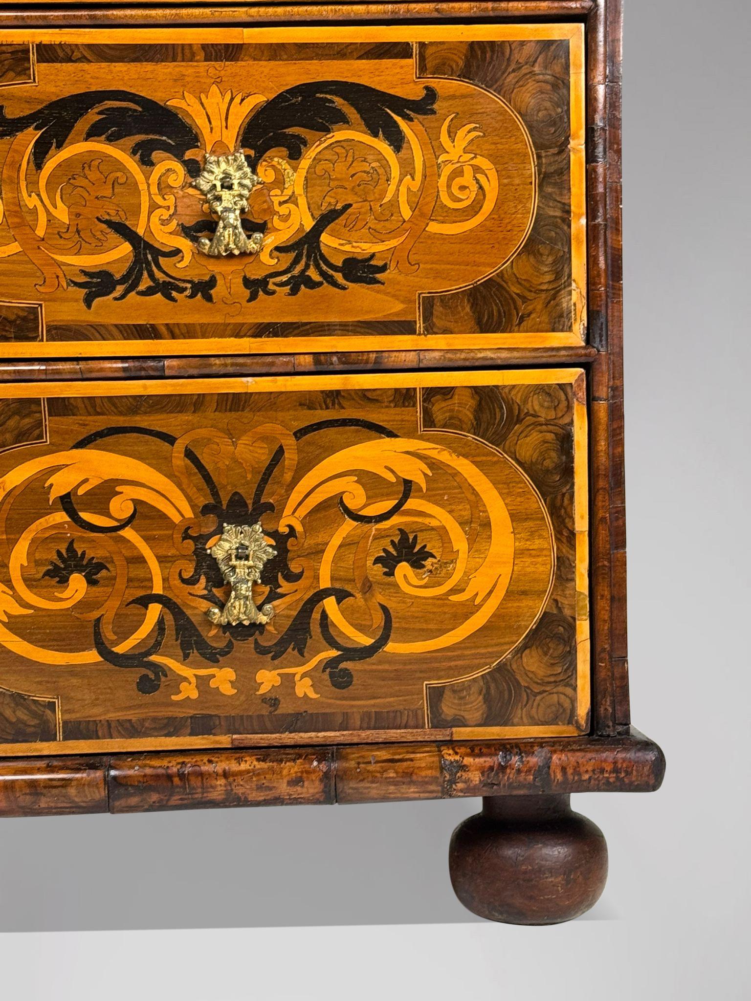 Walnut 17th Century William & Mary Period Marquetry Inlaid Oyster Chest of Drawers For Sale