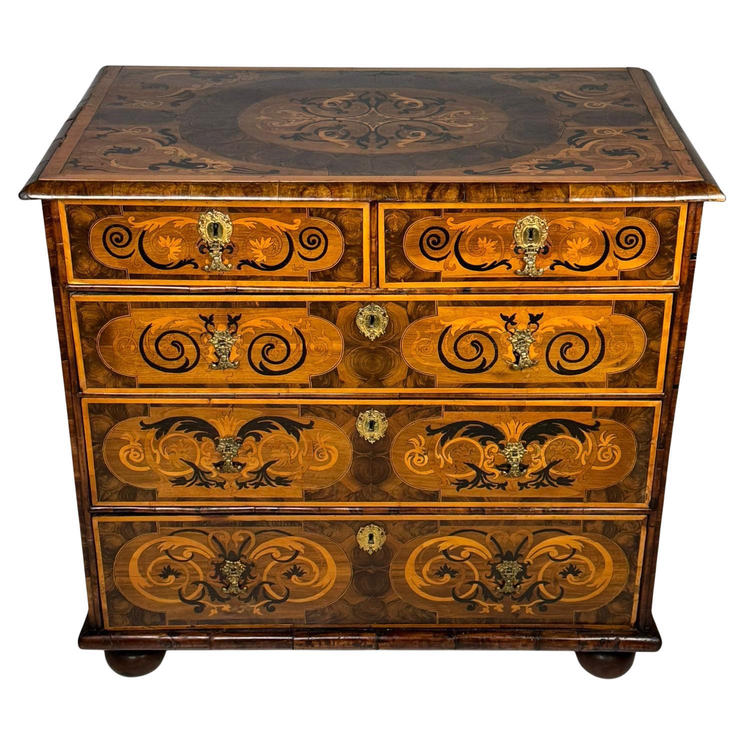 17th Century William & Mary Period Marquetry Inlaid Oyster Chest of Drawers
