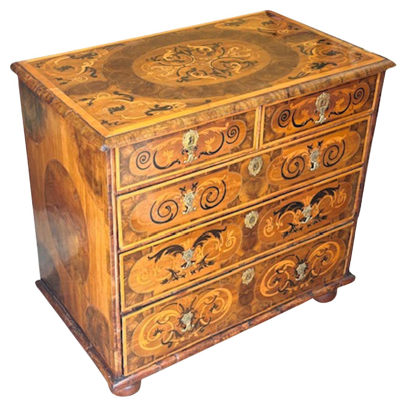 17th Century William & Mary Period Marquetry Inlaid Oyster Chest of Drawers