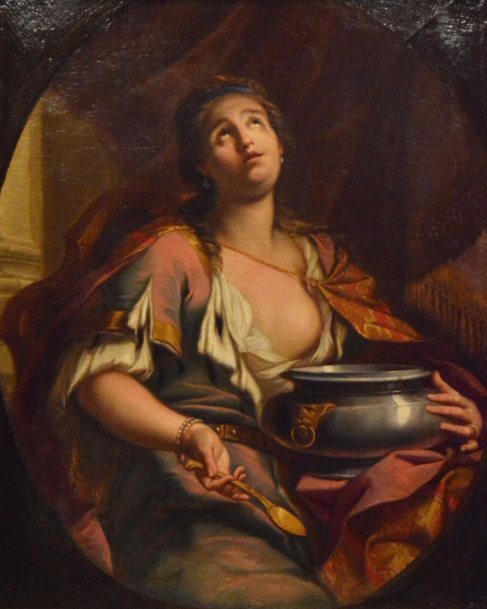 Oil on canvas. A woman holding a pewter tureen. Brass plate reads: Italian school, 17th century, 