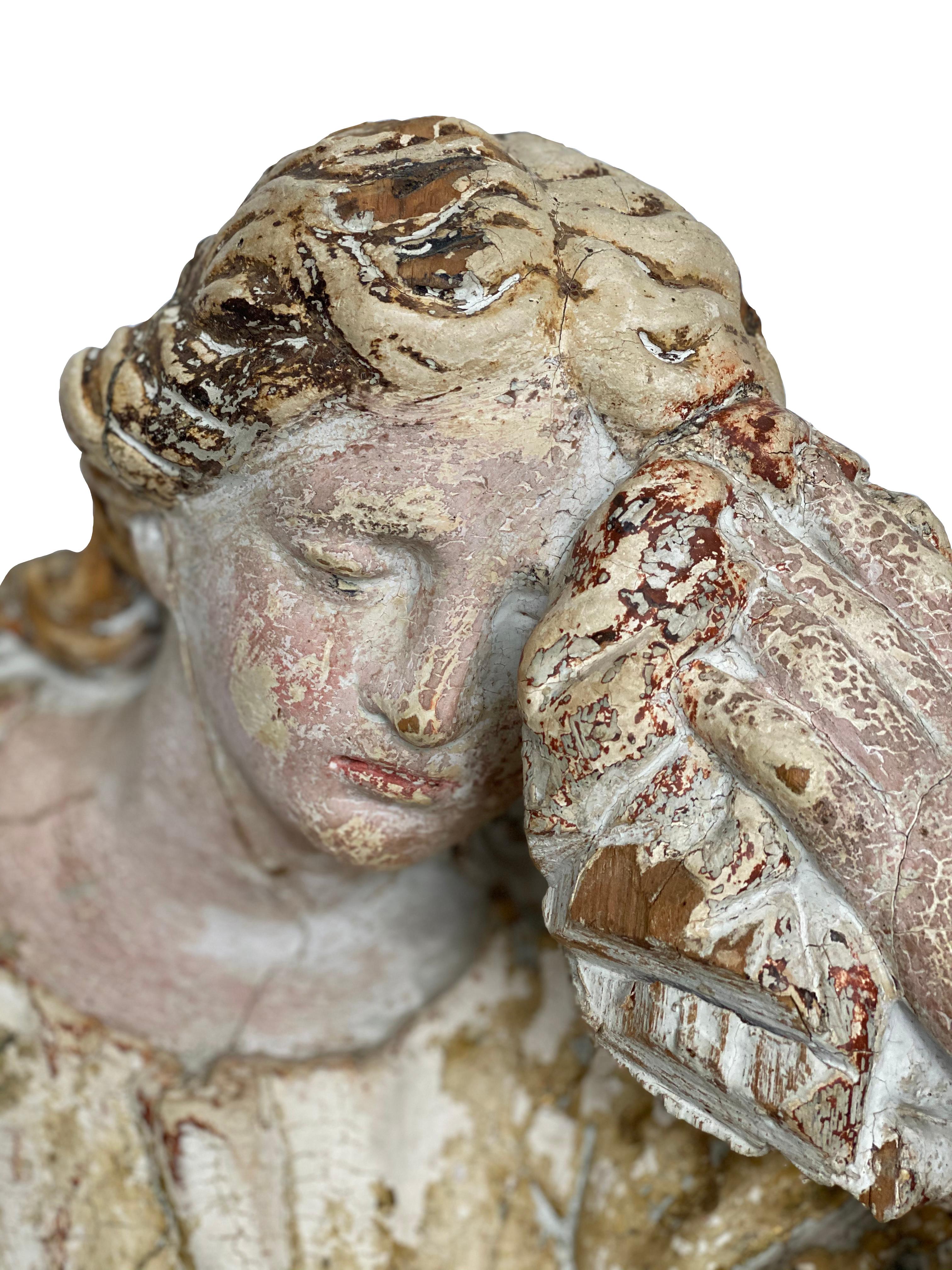 17th century French polychrome statue of Mary Magdalene in mourning. Faint gilt throughout.