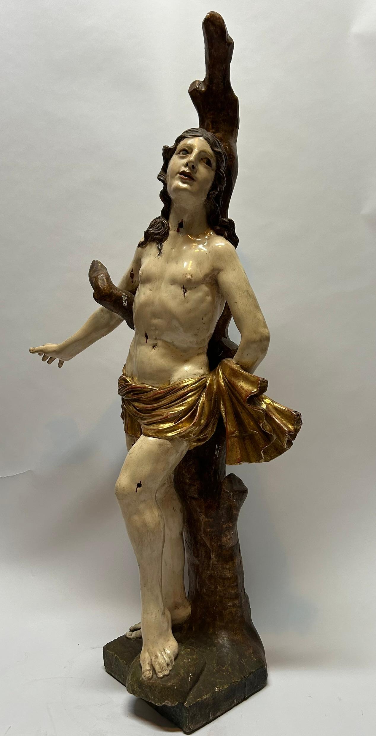 Italian 17th Century Wooden Sculpture Saint Sebastian Original Polychrome North Italy For Sale