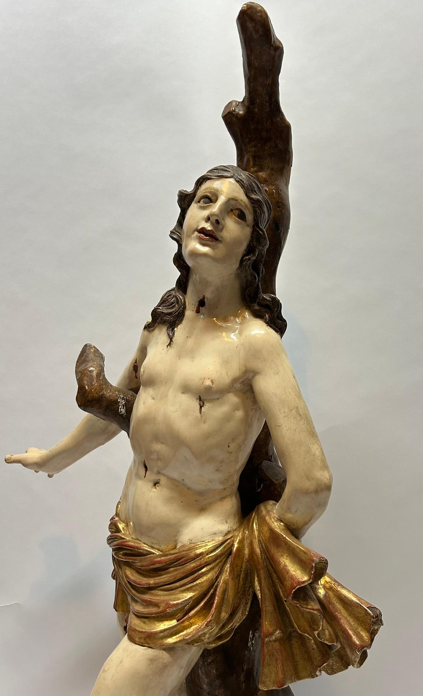 Polychromed 17th Century Wooden Sculpture Saint Sebastian Original Polychrome North Italy For Sale