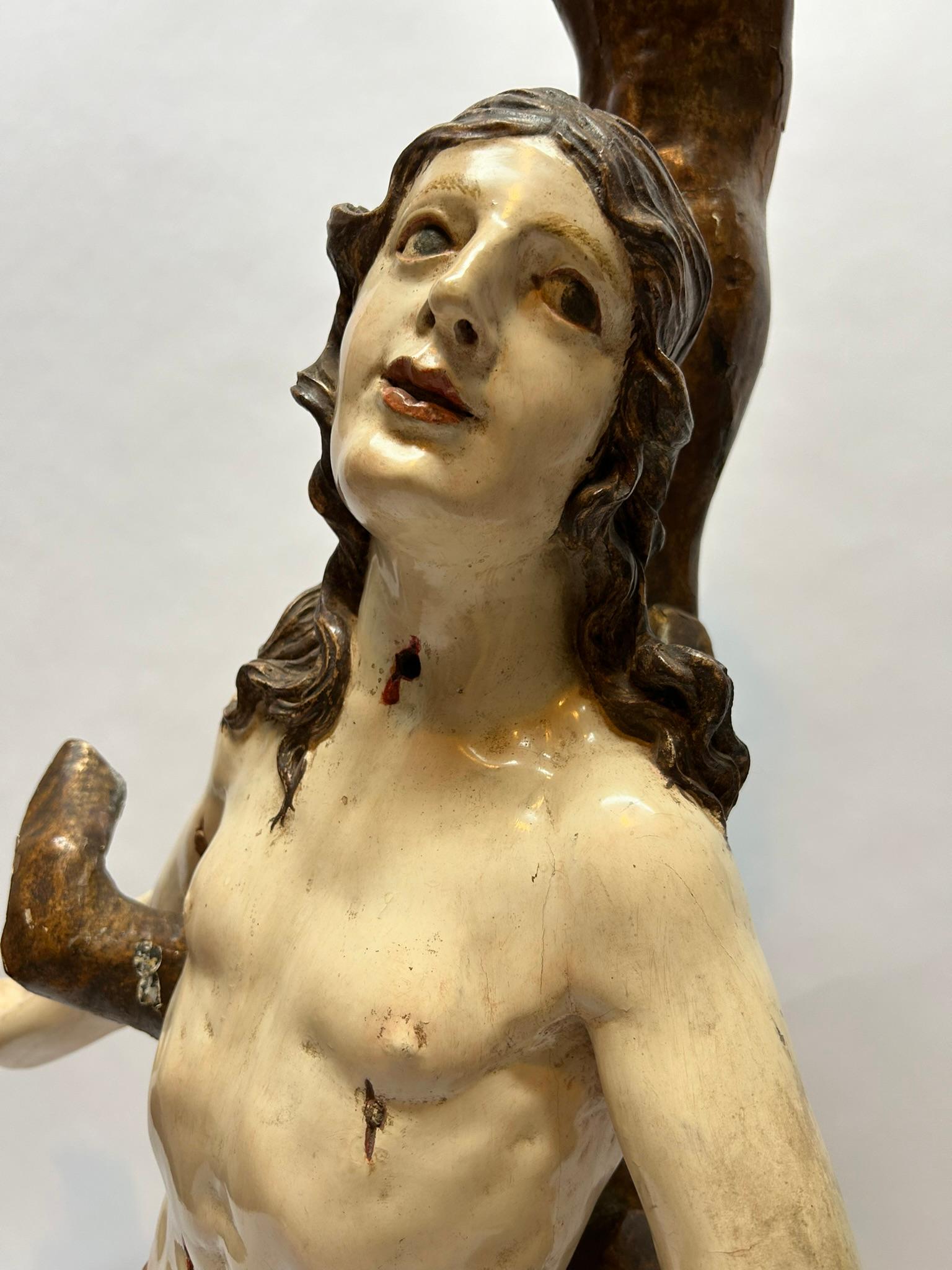 17th Century Wooden Sculpture Saint Sebastian Original Polychrome North Italy In Good Condition For Sale In Esbeek, NL