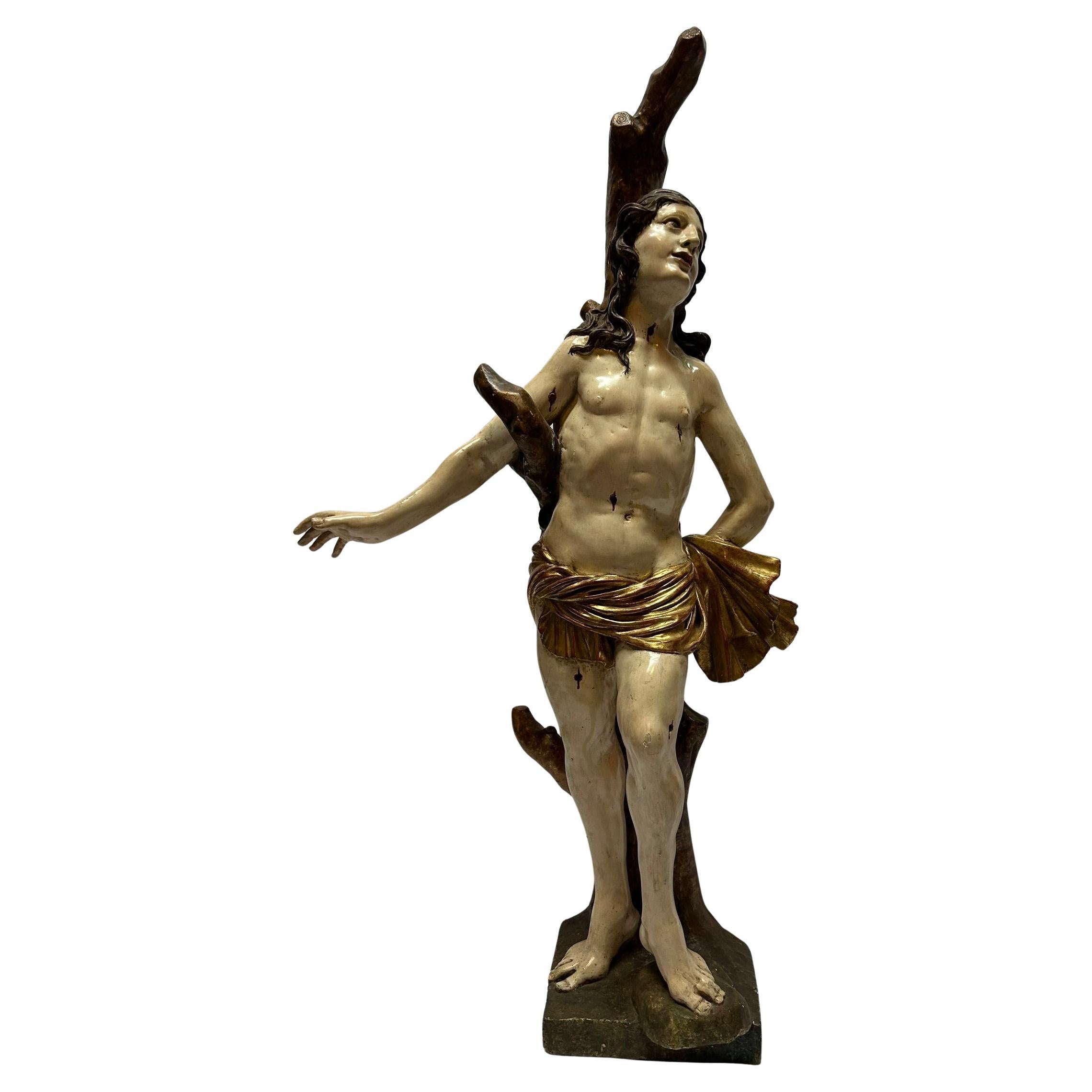17th Century Wooden Sculpture Saint Sebastian Original Polychrome North Italy
