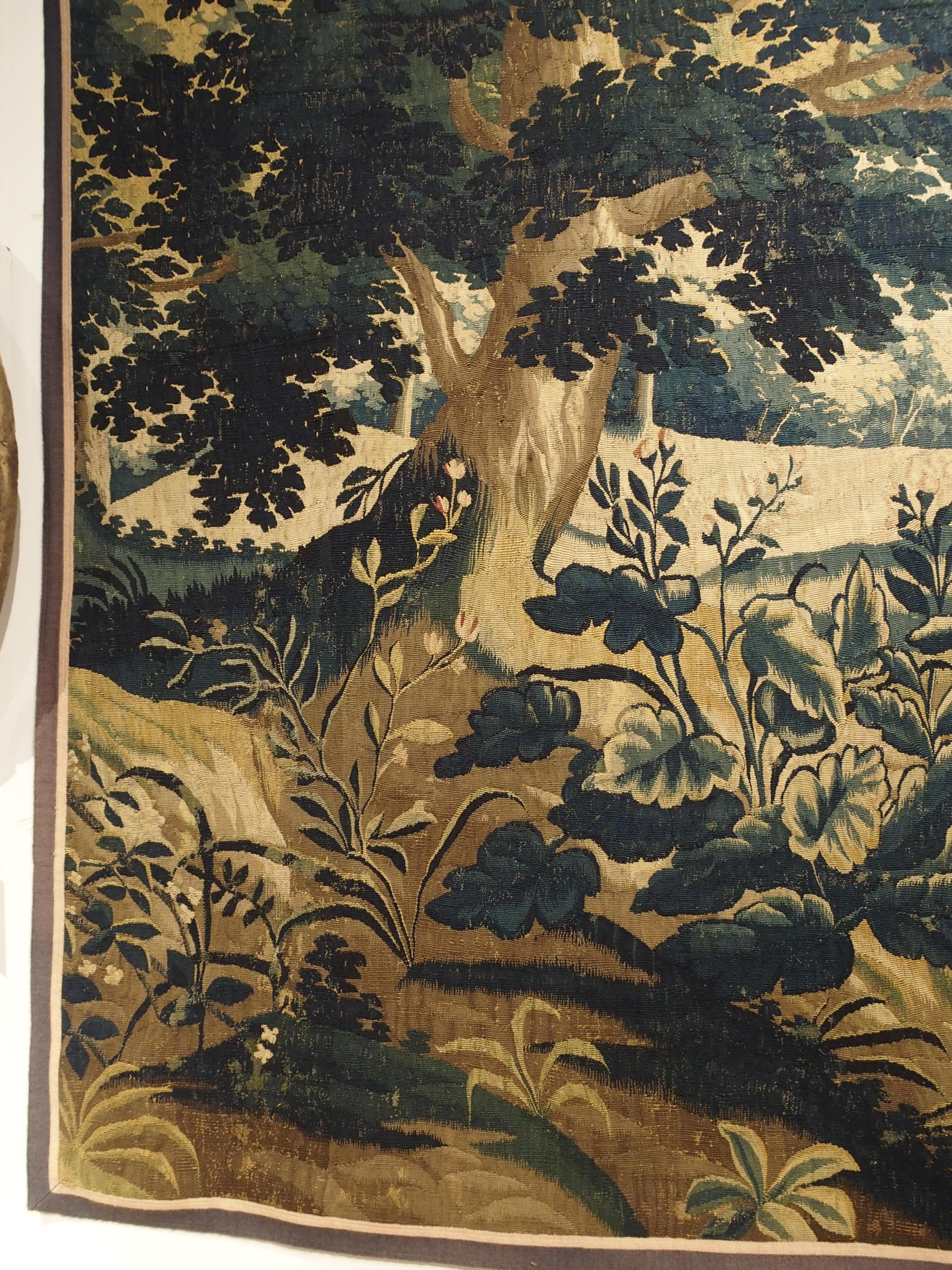 This magnificent silk and wood tapestry is from Flanders and dates to the late 1600s. The tapestry’s overall color is referred to as Verdure Bleue or blue greenery. The colors are beiges, browns, and a wide range of greens all the way up to a deep