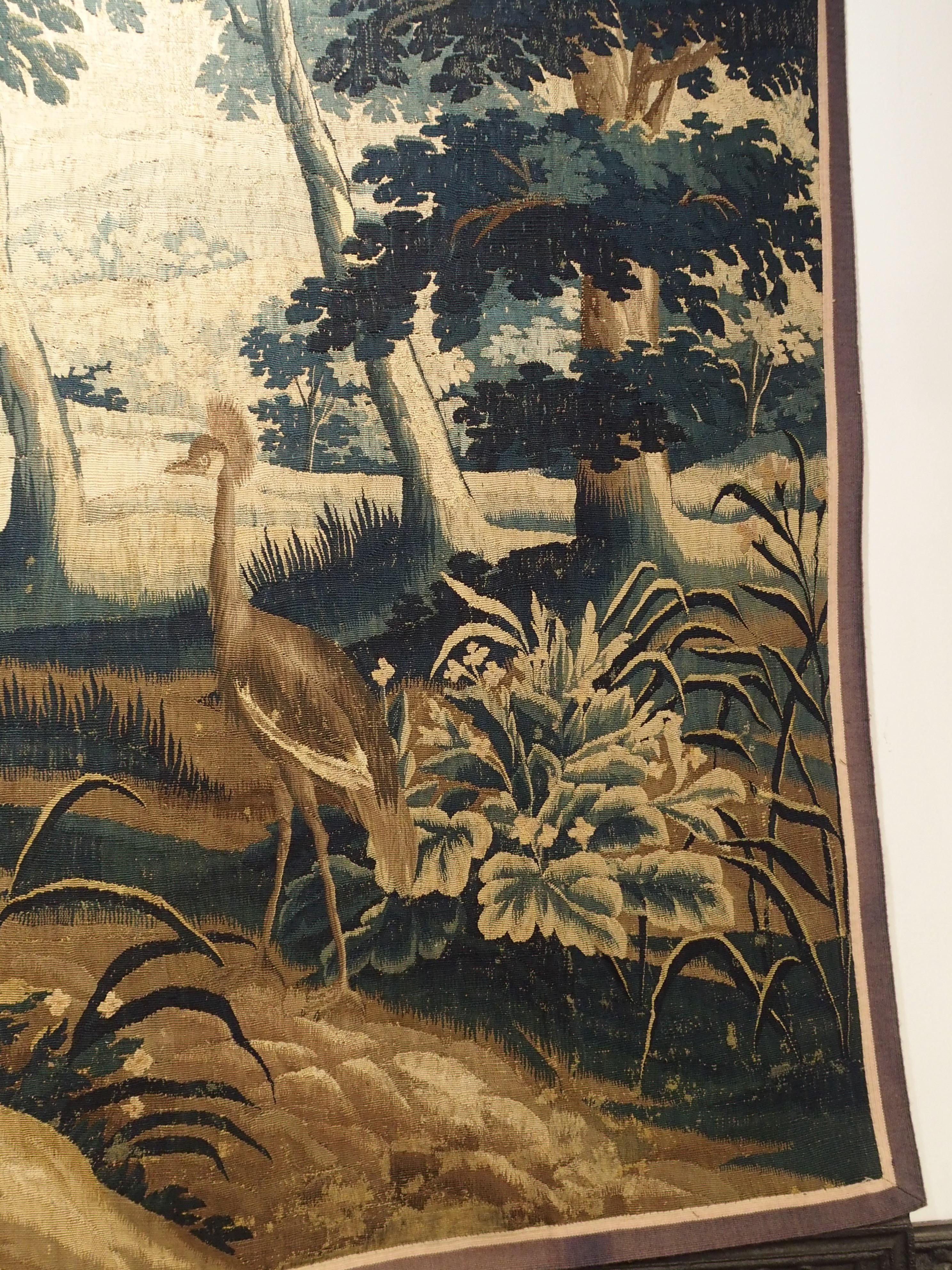 Hand-Woven 17th Century Wool and Silk Verdure Bleue Tapestry
