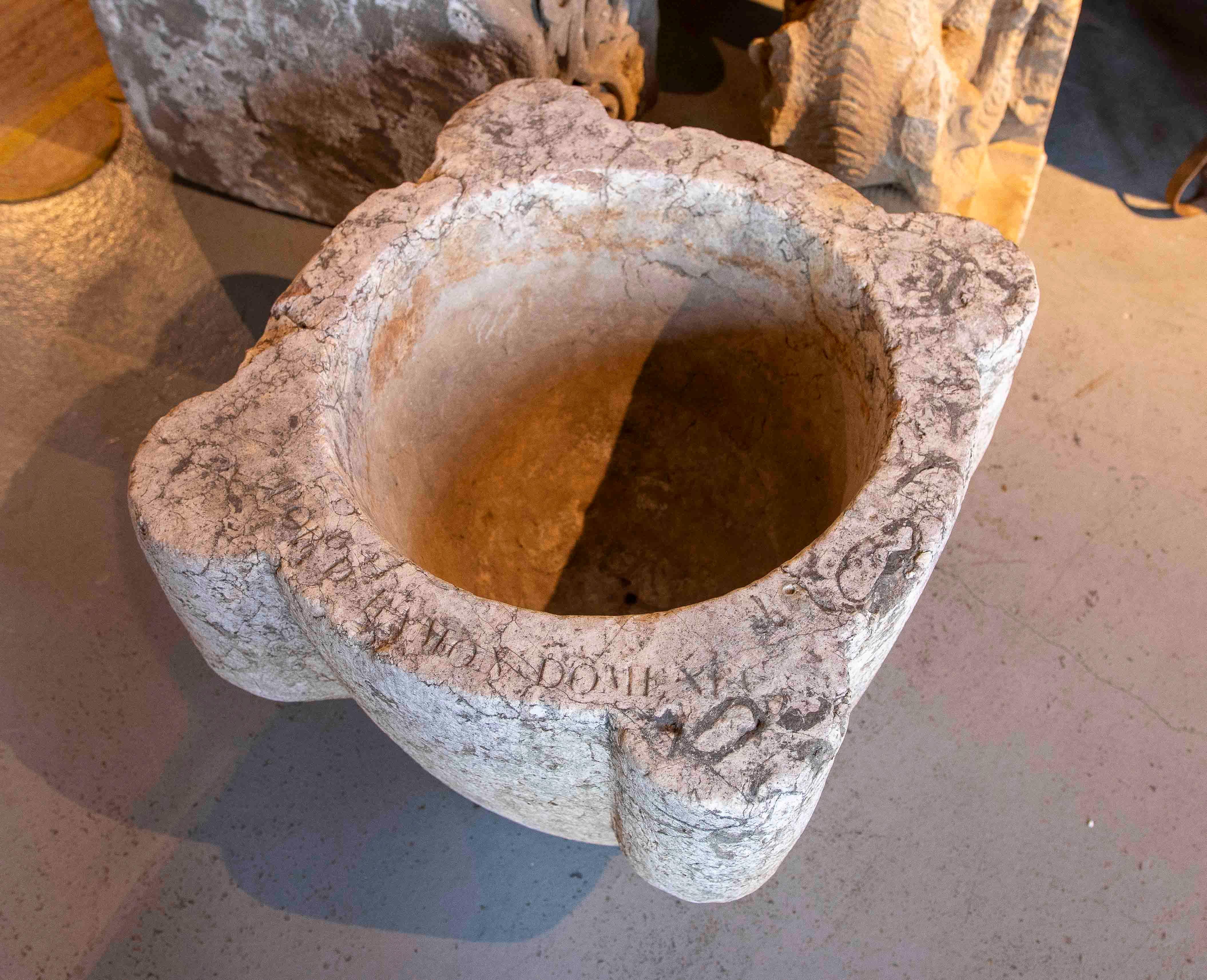 17th Giant Stone Mortar with Latin Inscription. For Sale 8