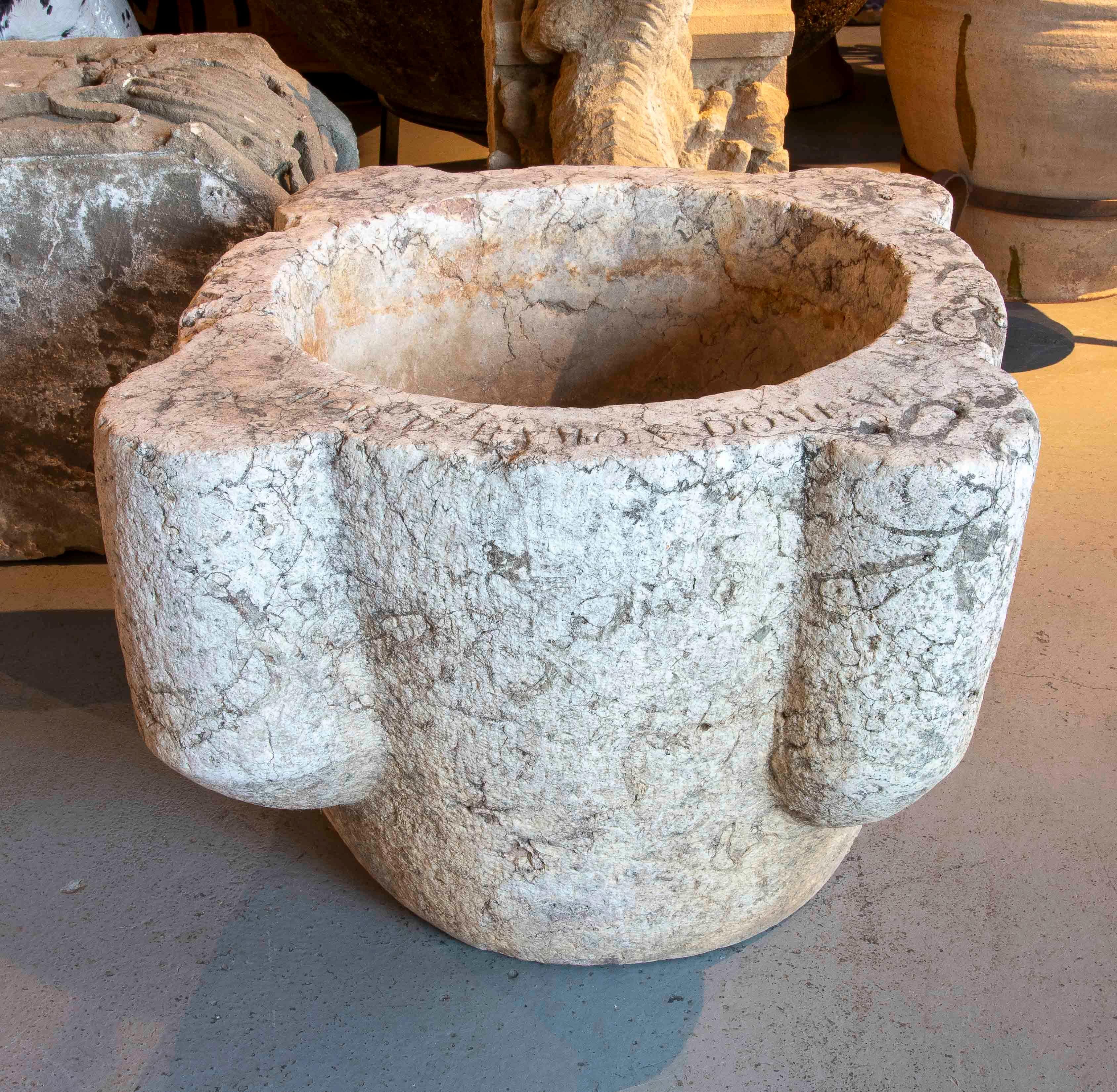 Spanish 17th Giant Stone Mortar with Latin Inscription. For Sale