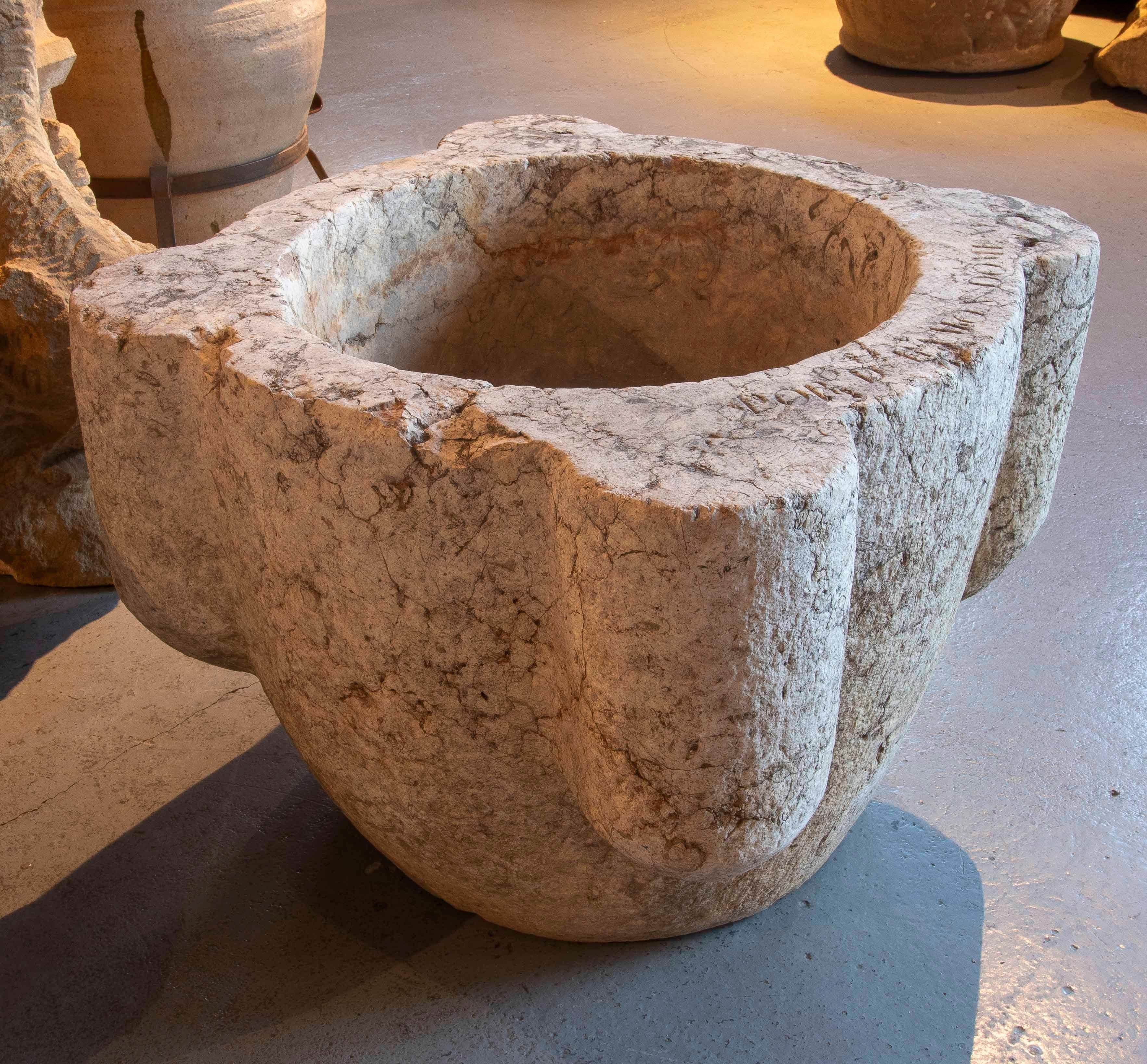 Hand-Carved 17th Giant Stone Mortar with Latin Inscription. For Sale