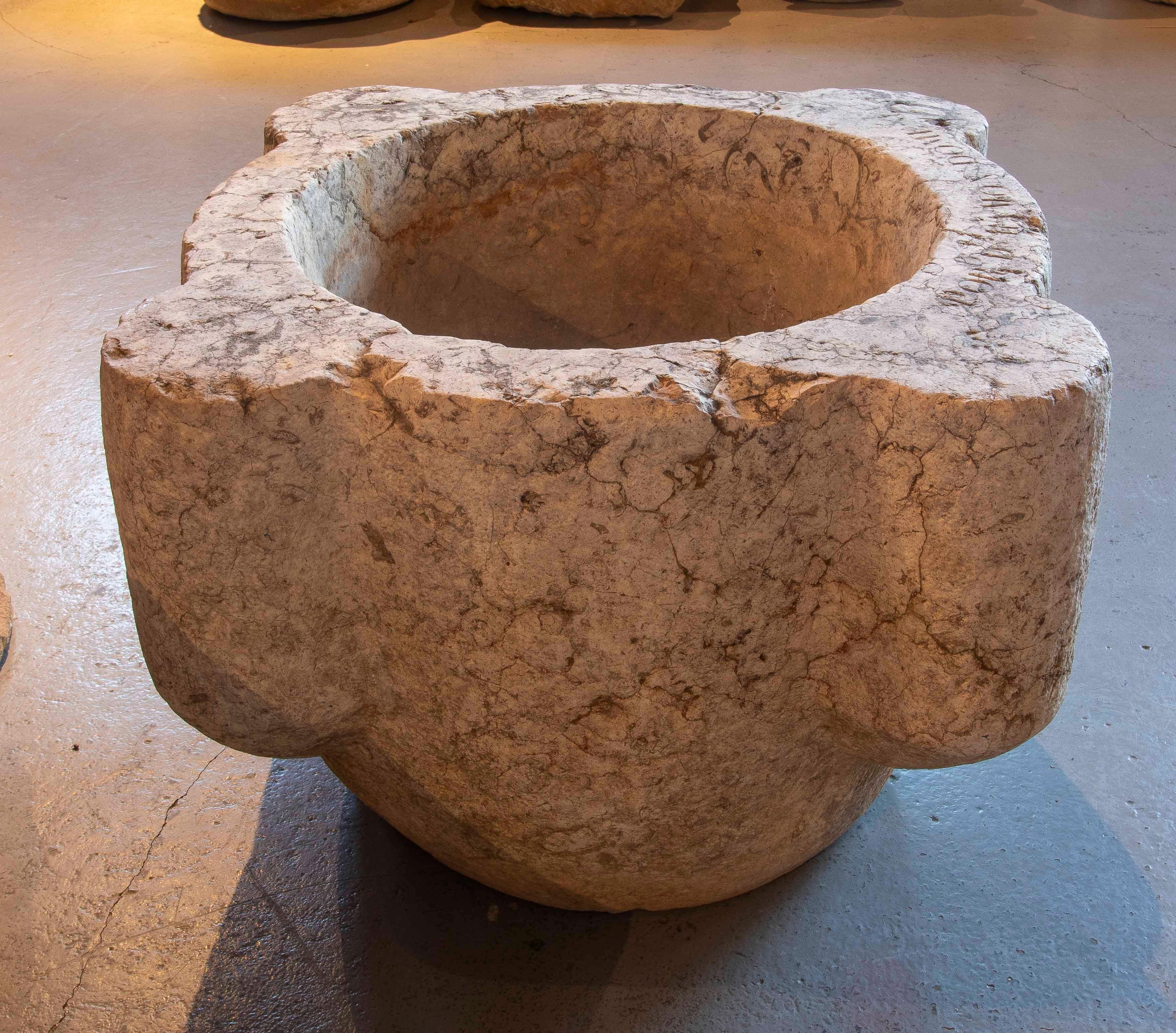 17th Giant Stone Mortar with Latin Inscription. In Good Condition For Sale In Marbella, ES