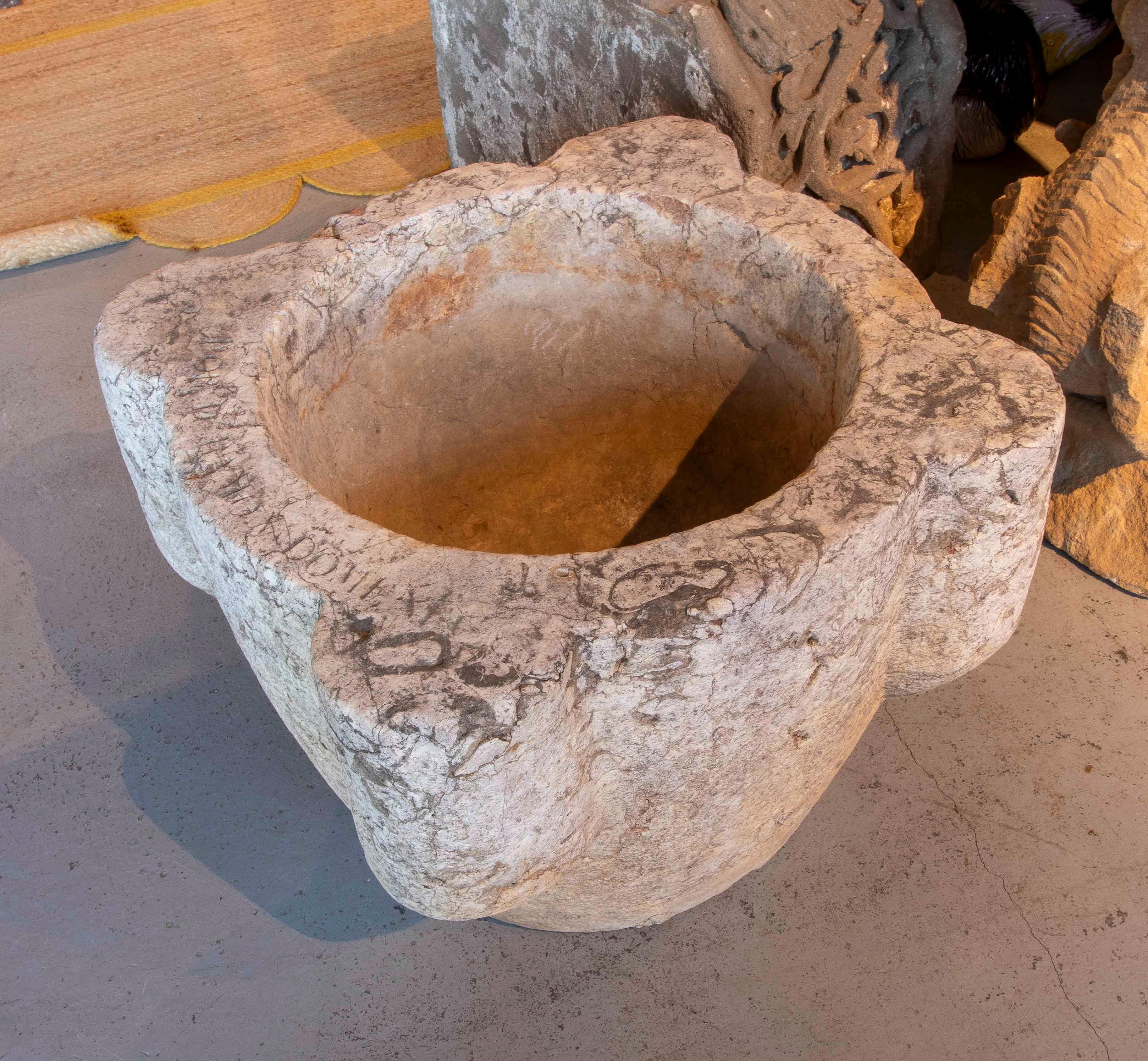 18th Century and Earlier 17th Giant Stone Mortar with Latin Inscription. For Sale