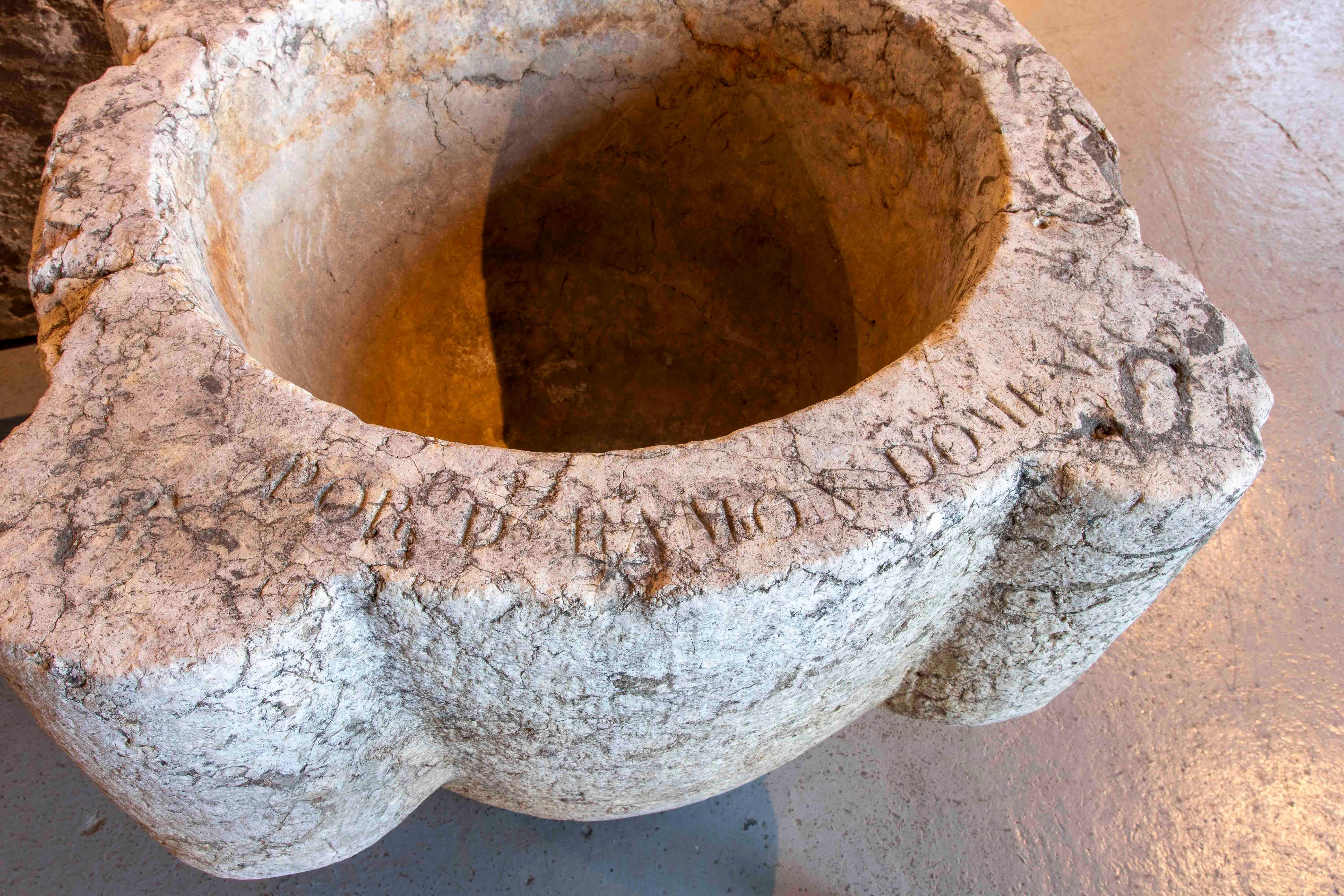 17th Giant Stone Mortar with Latin Inscription. For Sale 1