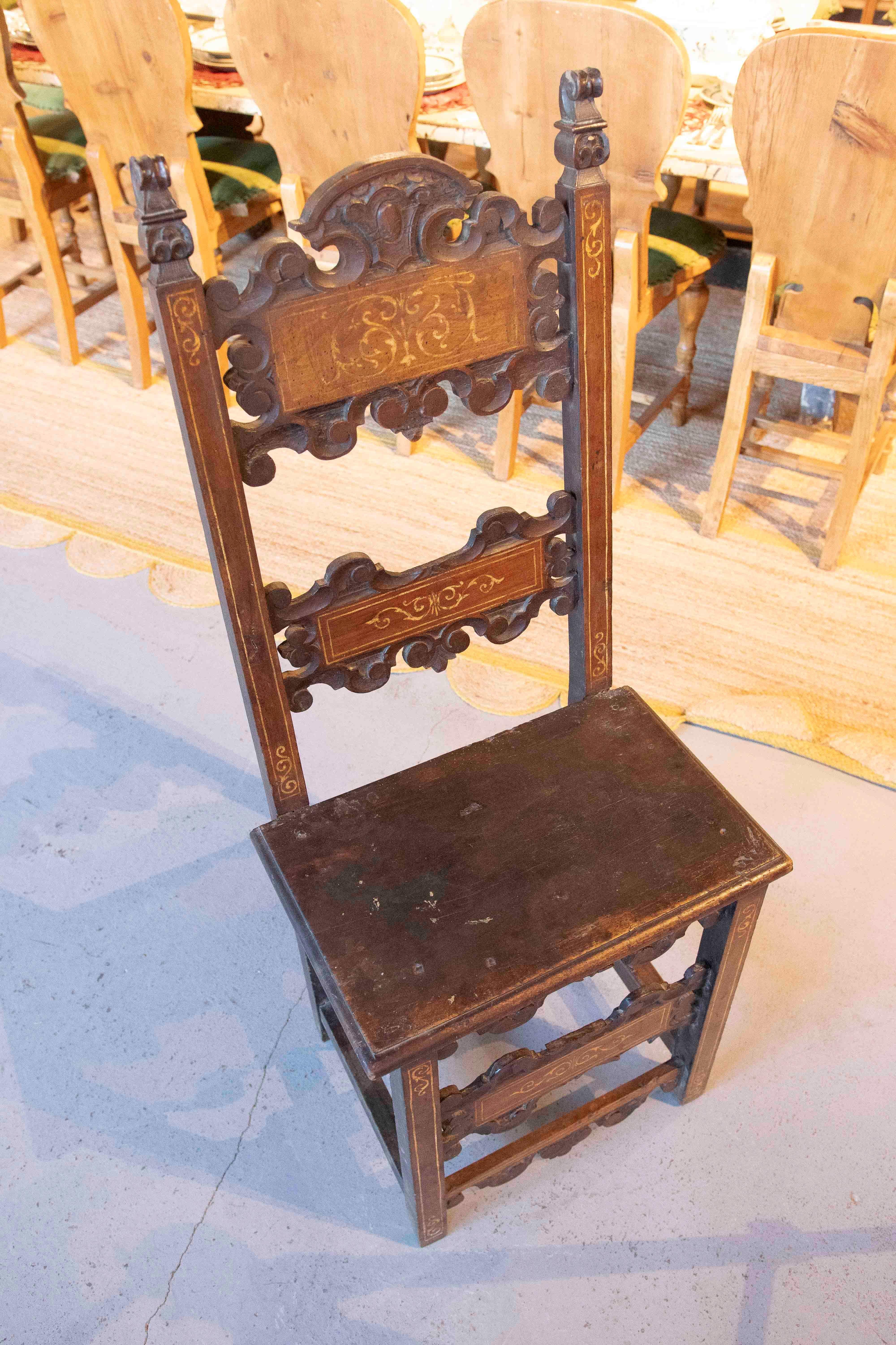 17th Hand Carved Antique Italian Wood Chair with Inlaid Inlays For Sale 6