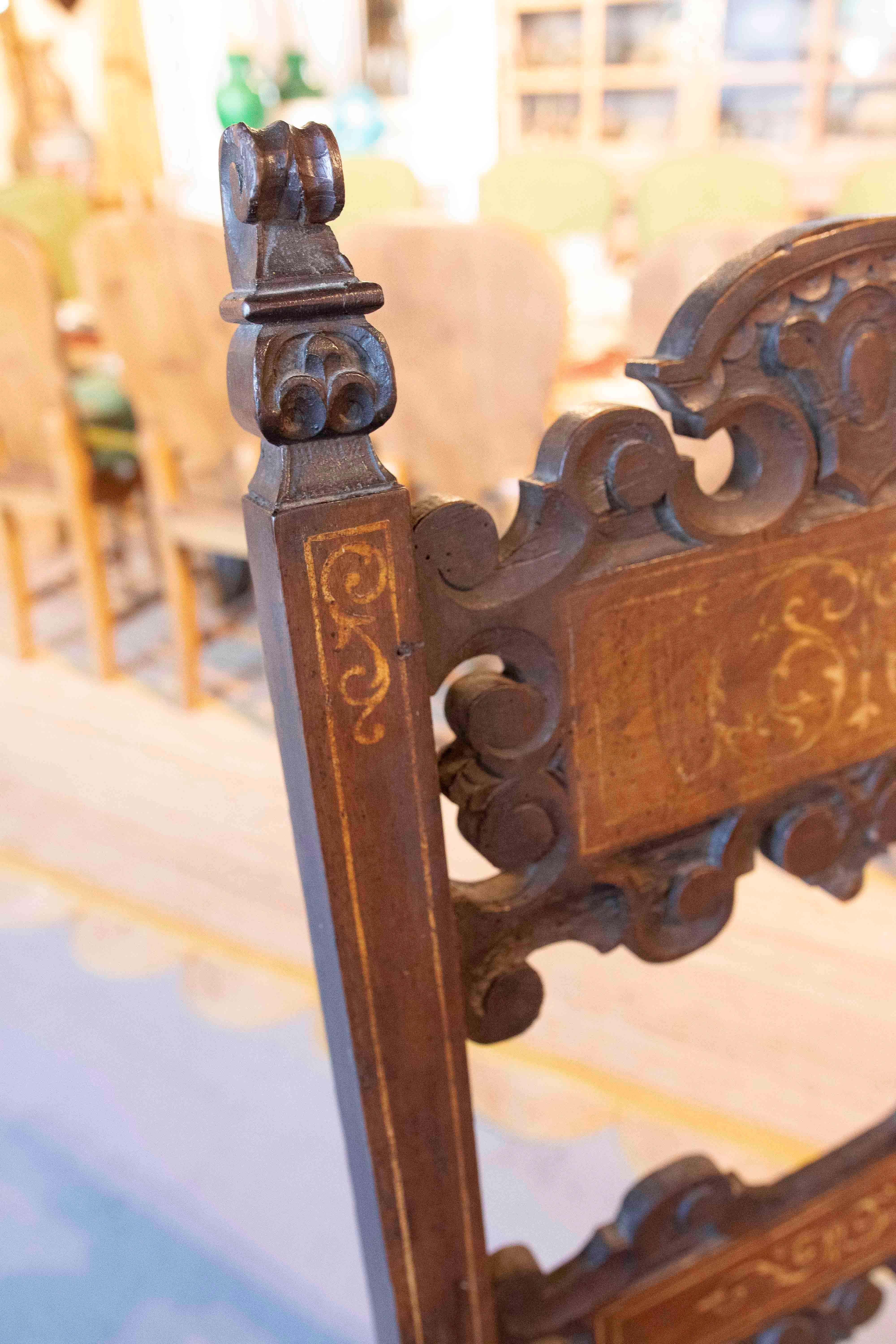 17th Hand Carved Antique Italian Wood Chair with Inlaid Inlays For Sale 7