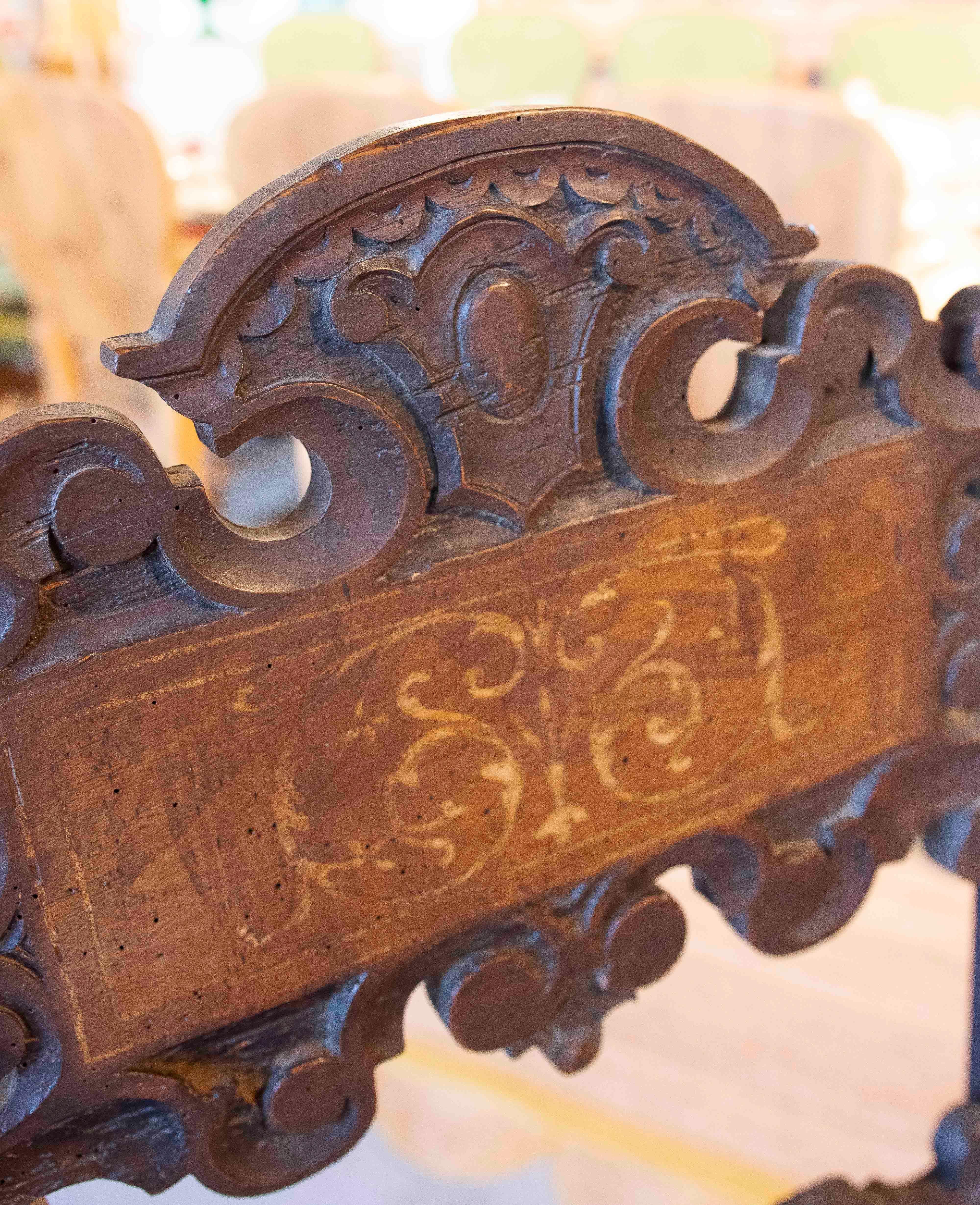 17th Hand Carved Antique Italian Wood Chair with Inlaid Inlays For Sale 8