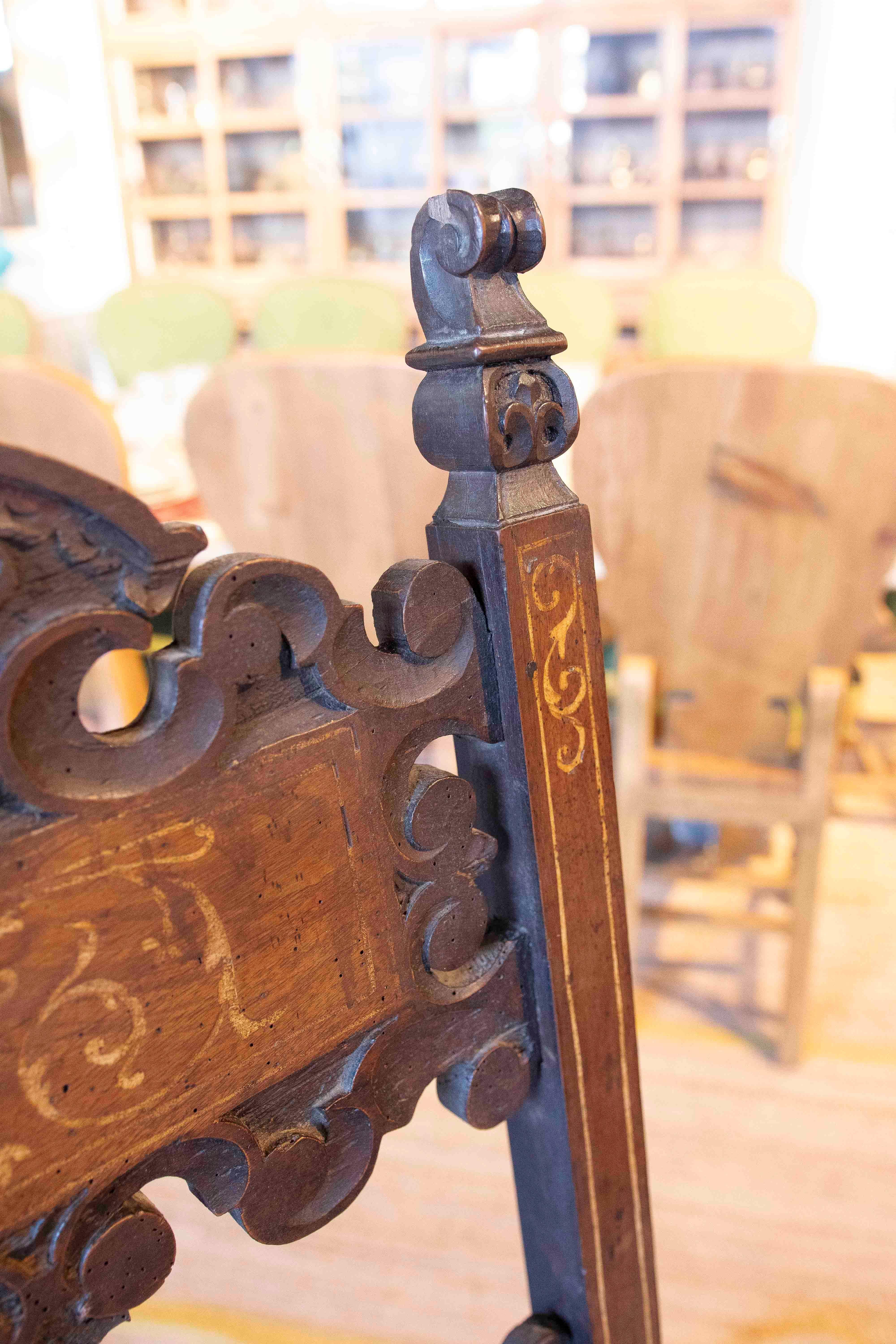 17th Hand Carved Antique Italian Wood Chair with Inlaid Inlays For Sale 9
