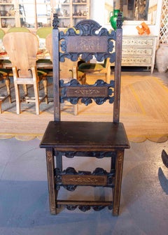 17th Hand Carved Antique Italian Wood Chair with Inlaid Inlays