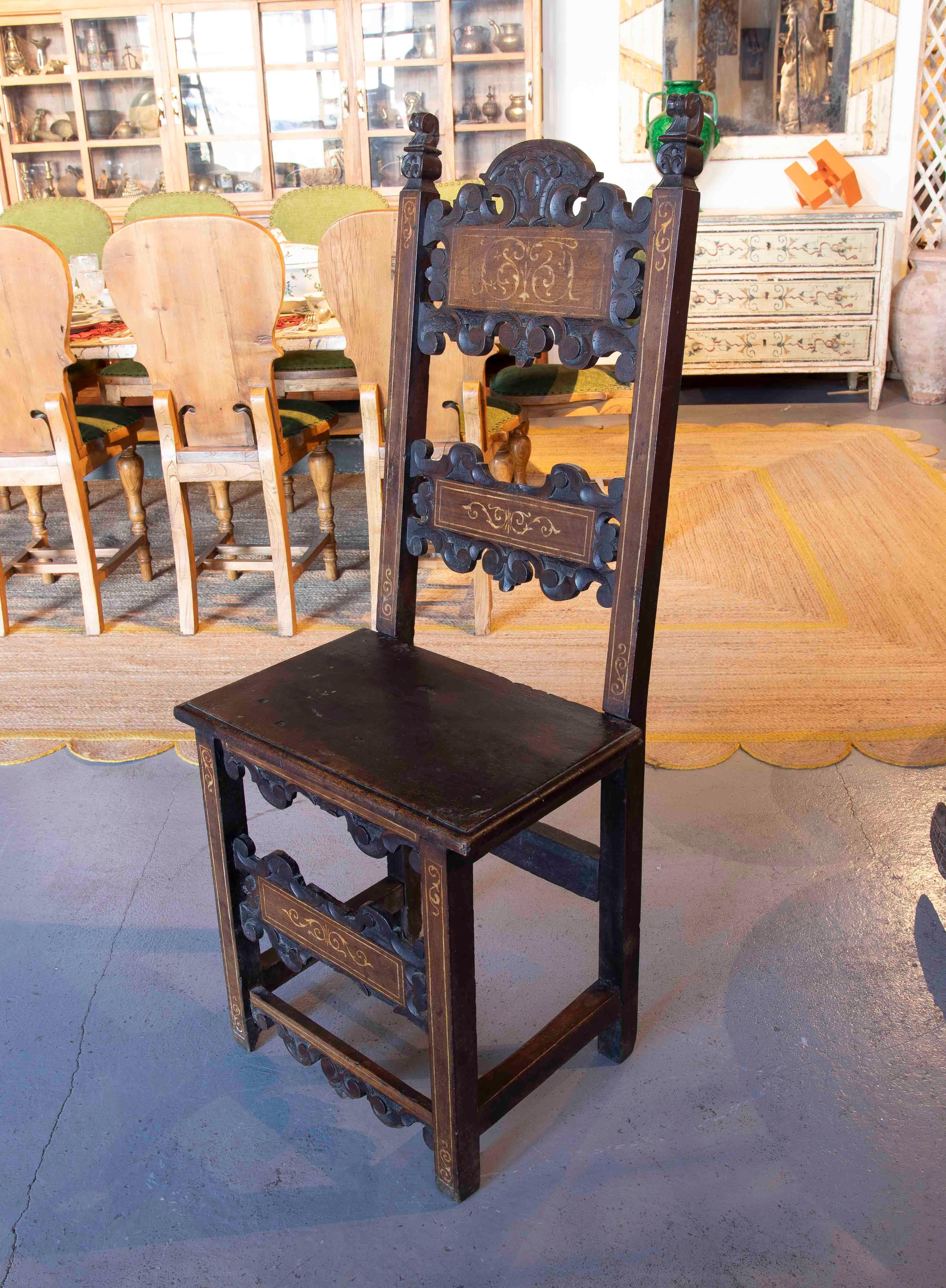 Hand-Carved 17th Hand Carved Antique Italian Wood Chair with Inlaid Inlays For Sale