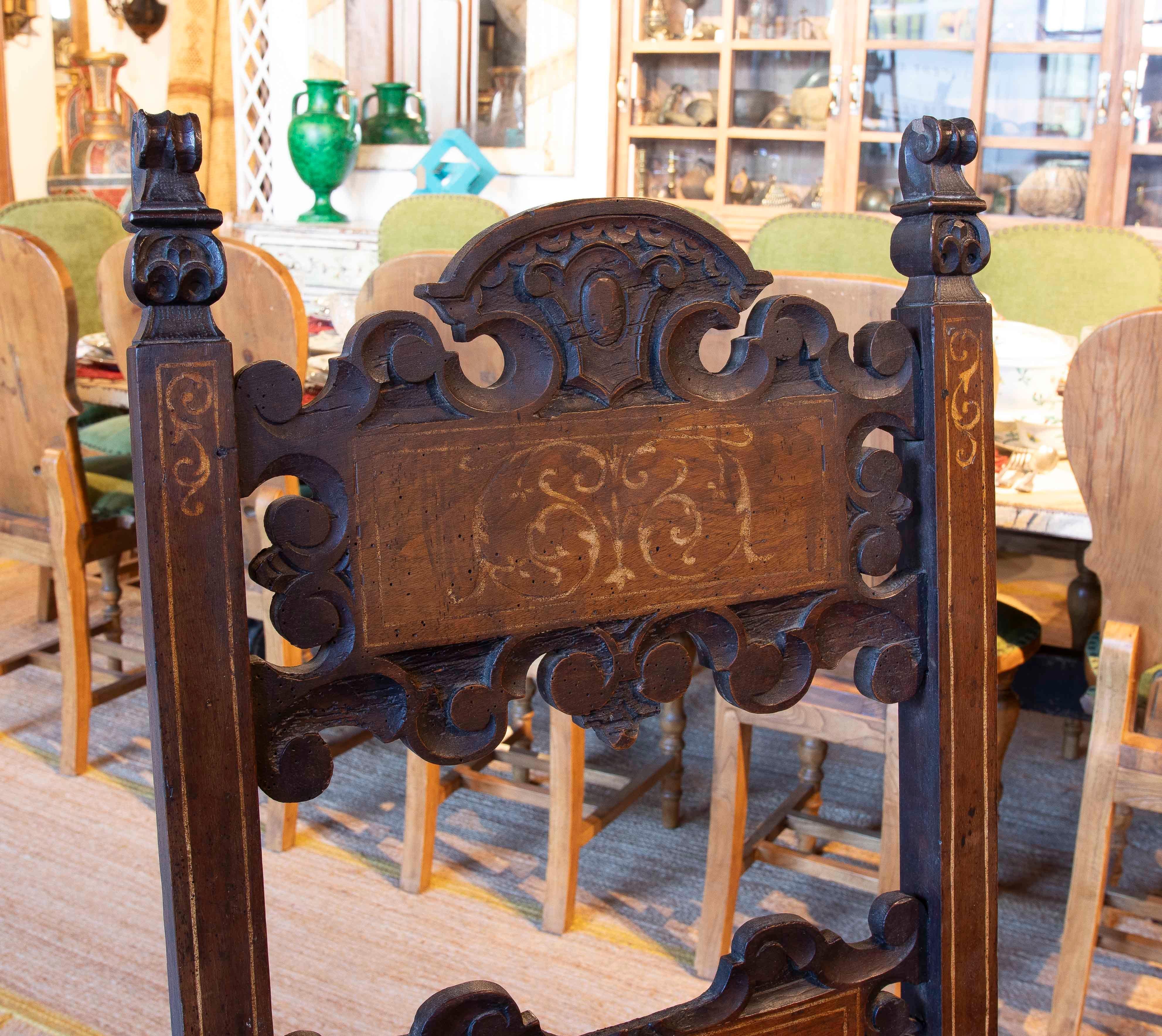 17th Hand Carved Antique Italian Wood Chair with Inlaid Inlays For Sale 1