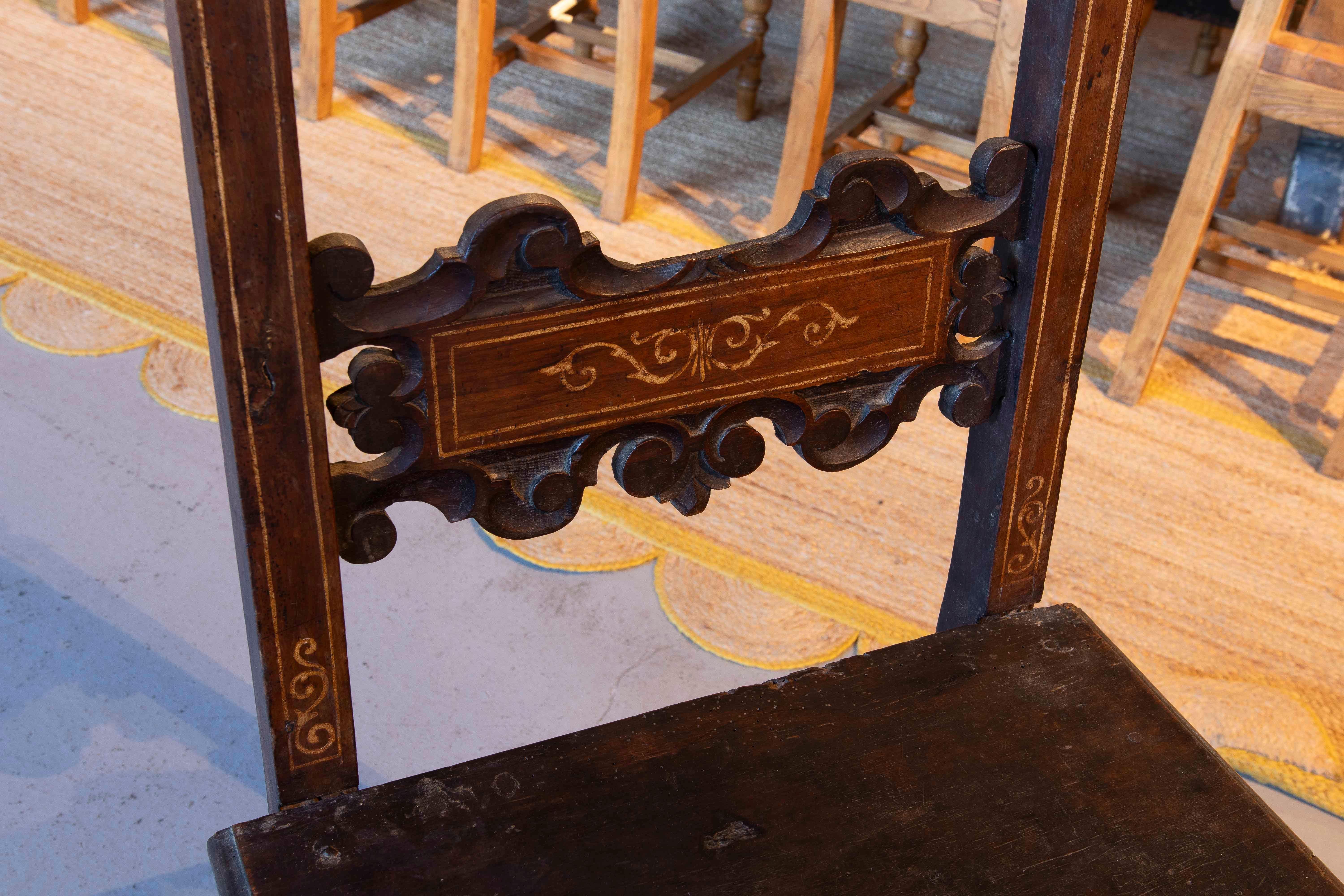 17th Hand Carved Antique Italian Wood Chair with Inlaid Inlays For Sale 2