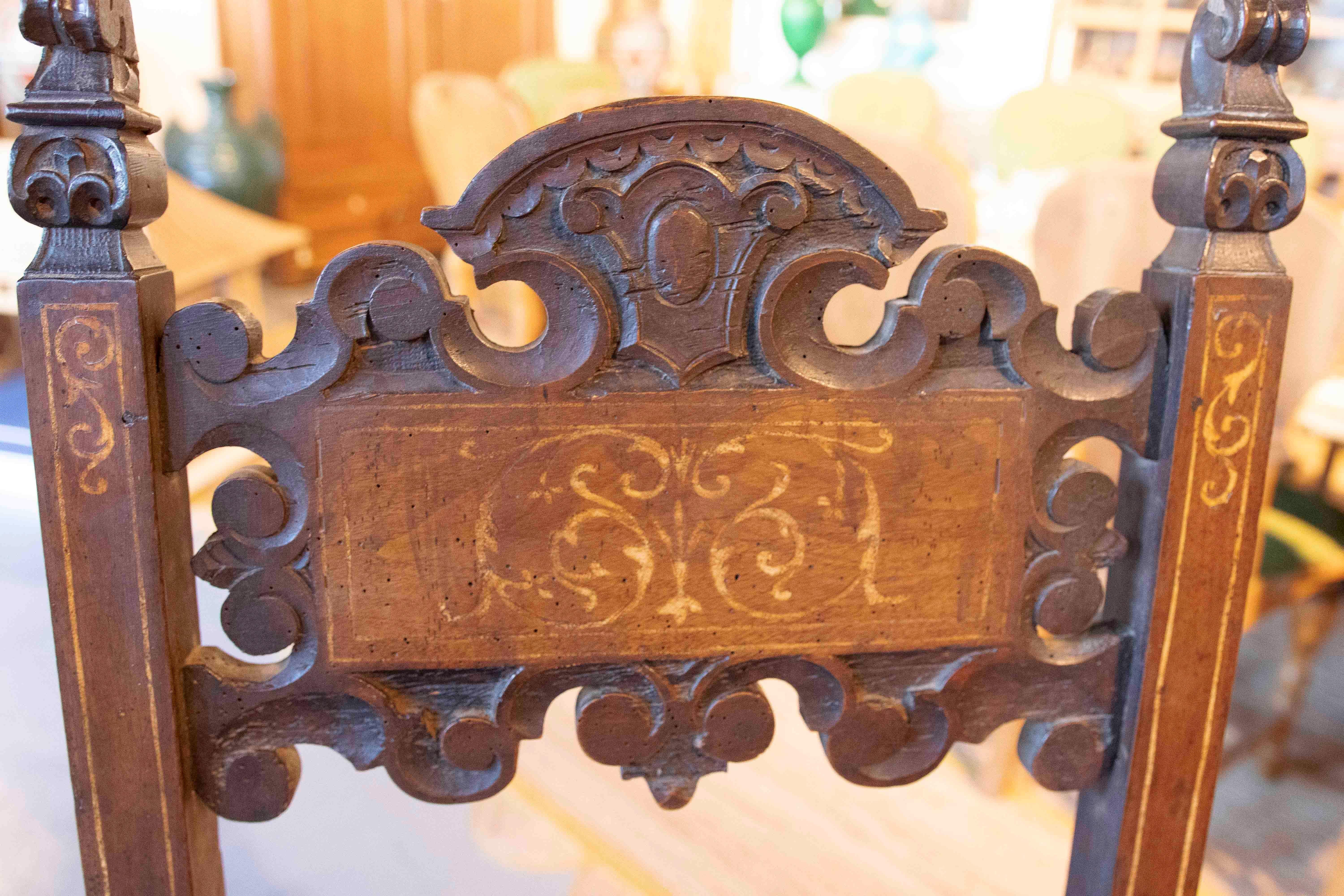 17th Hand Carved Antique Italian Wood Chair with Inlaid Inlays For Sale 3