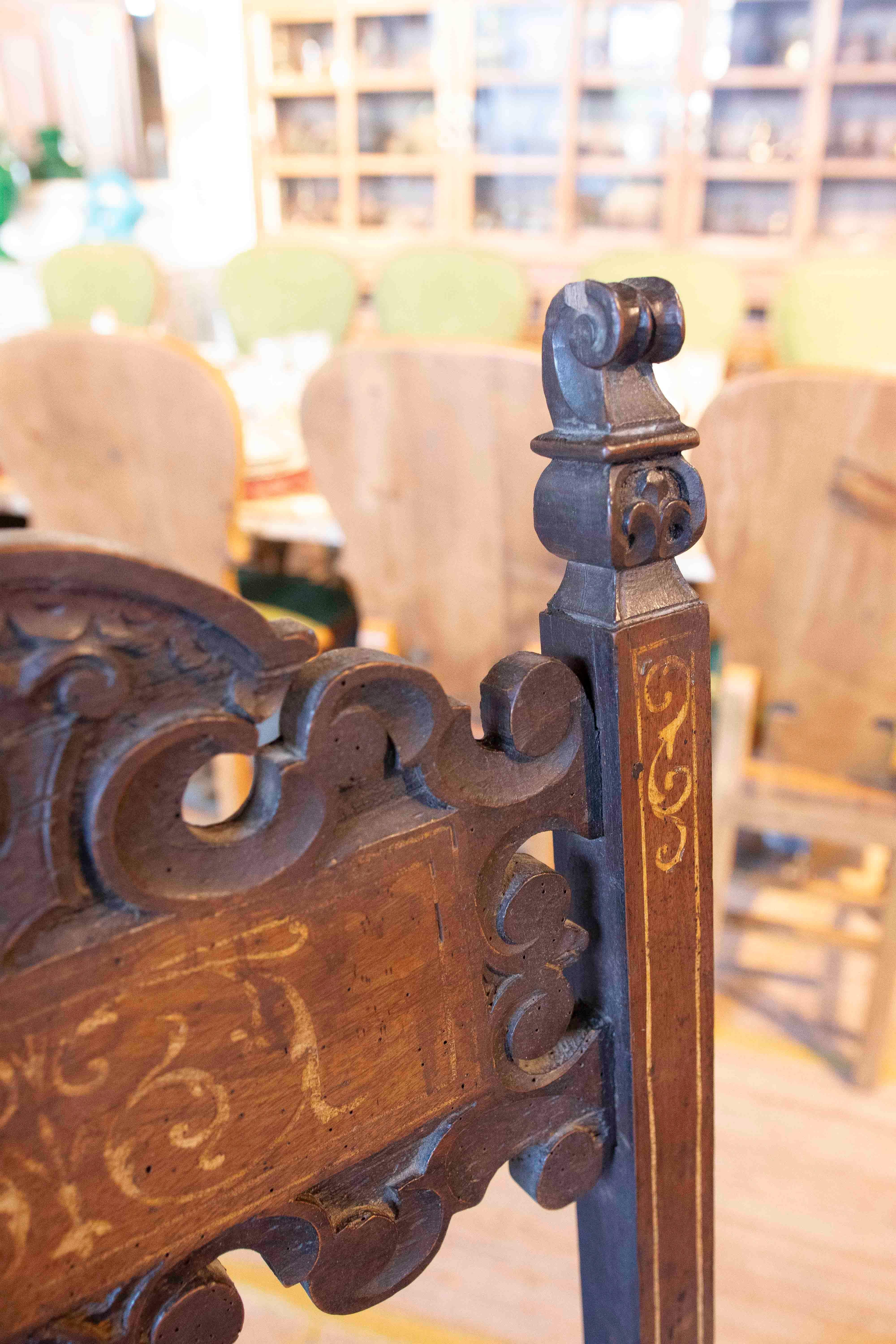 17th Hand Carved Antique Italian Wood Chair with Inlaid Inlays For Sale 4