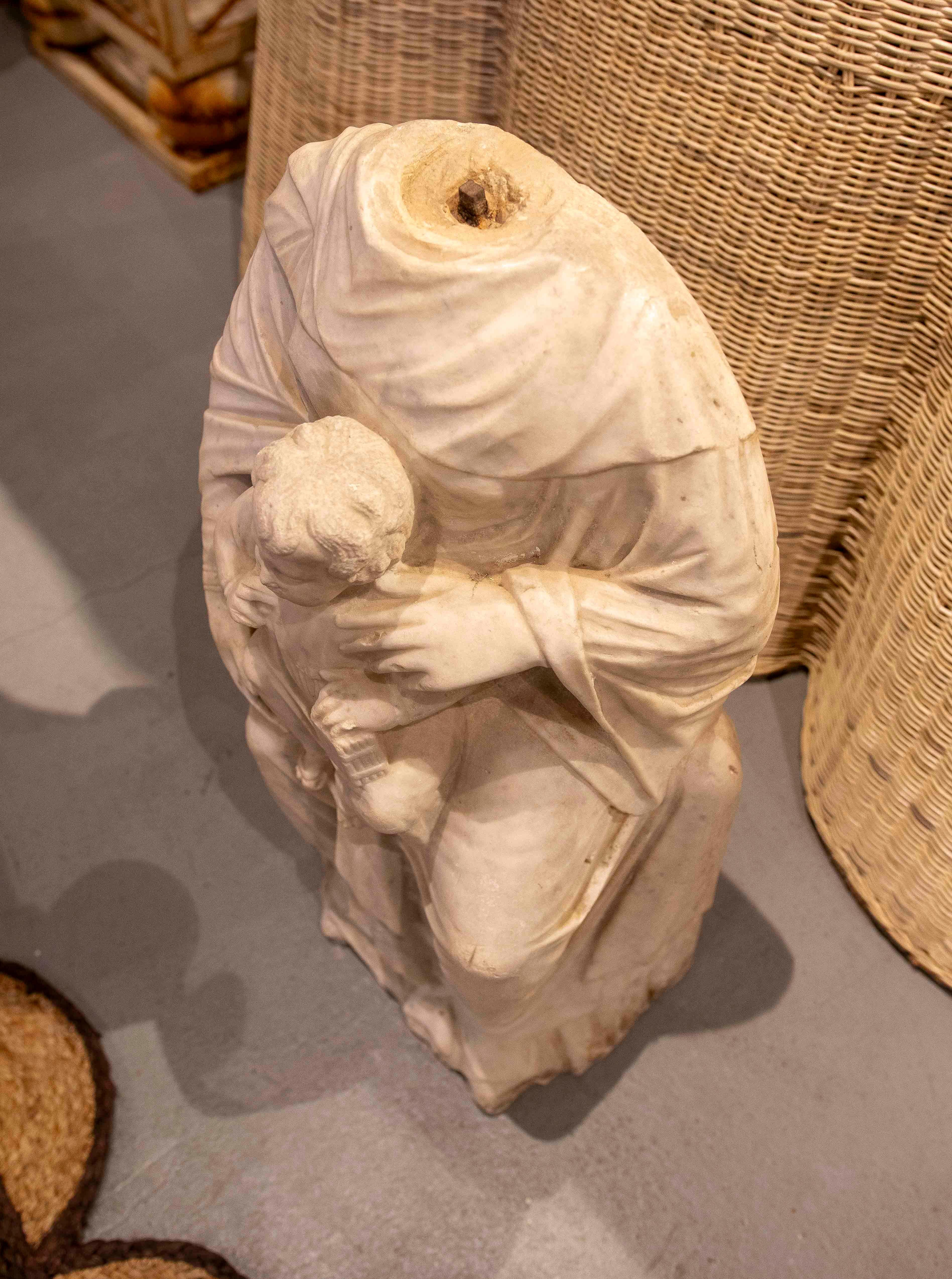 17th Hand Carved Marble Sculpture of Virgin with Child For Sale 8