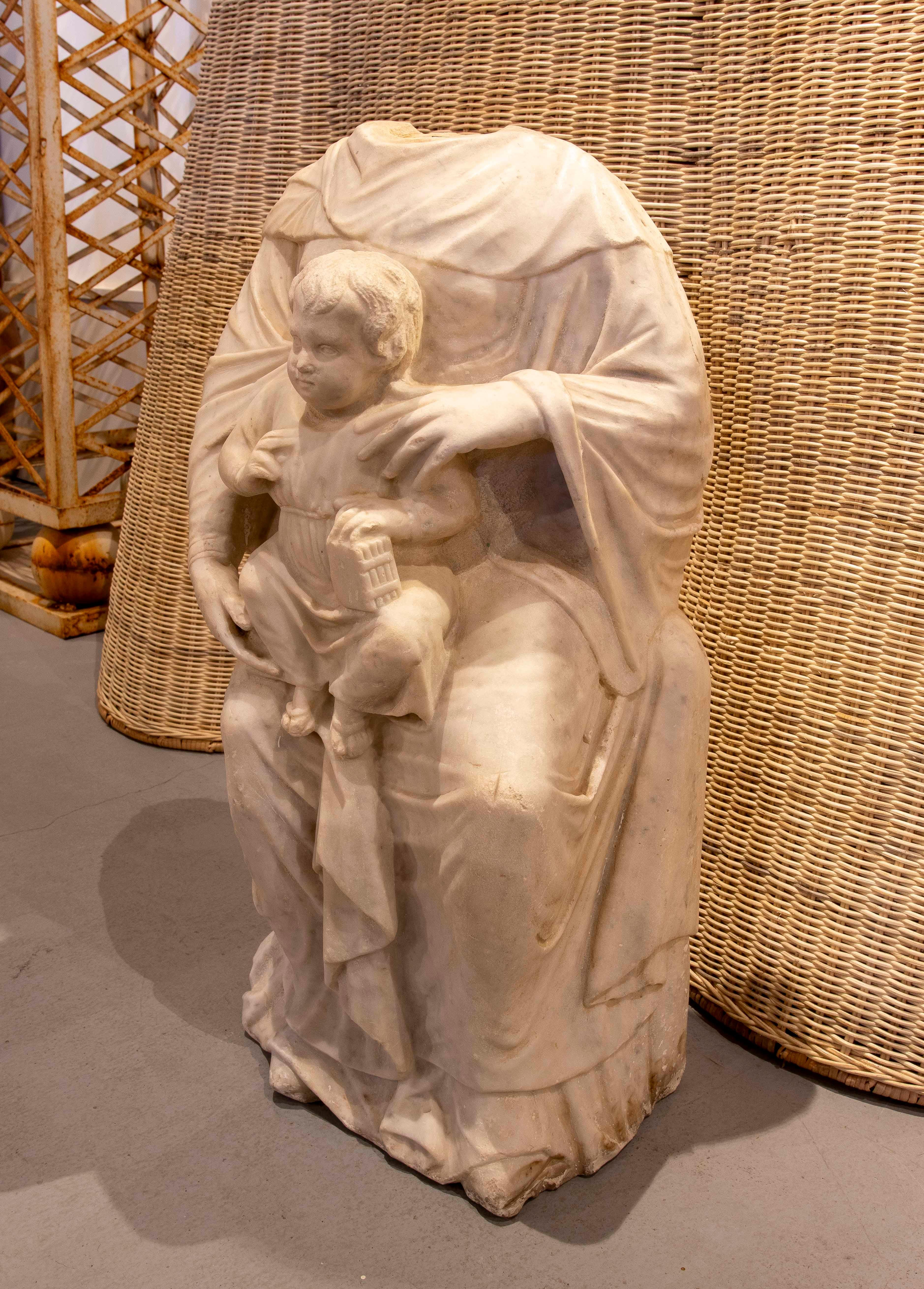 Spanish 17th Hand Carved Marble Sculpture of Virgin with Child For Sale