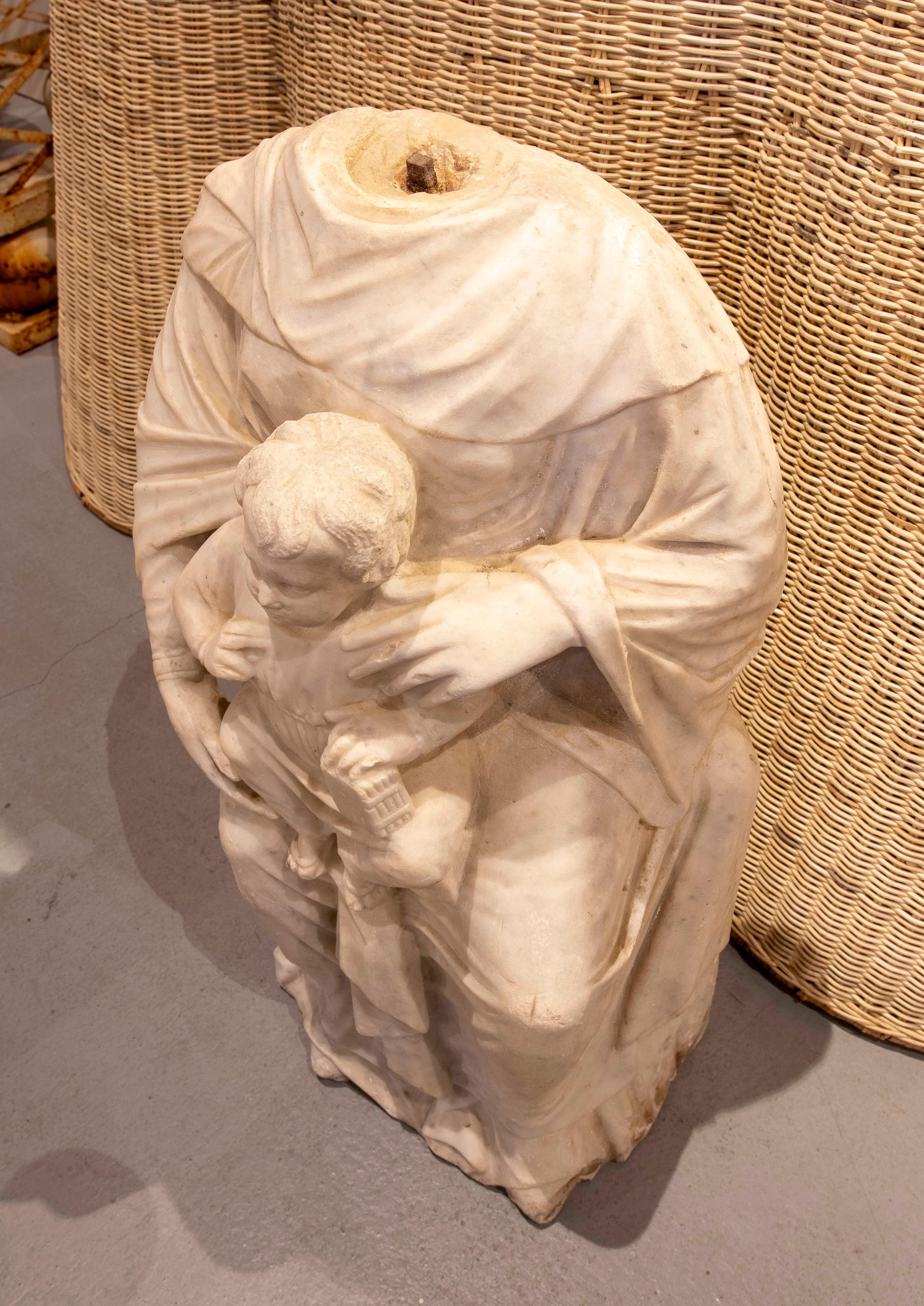 18th Century and Earlier 17th Hand Carved Marble Sculpture of Virgin with Child For Sale