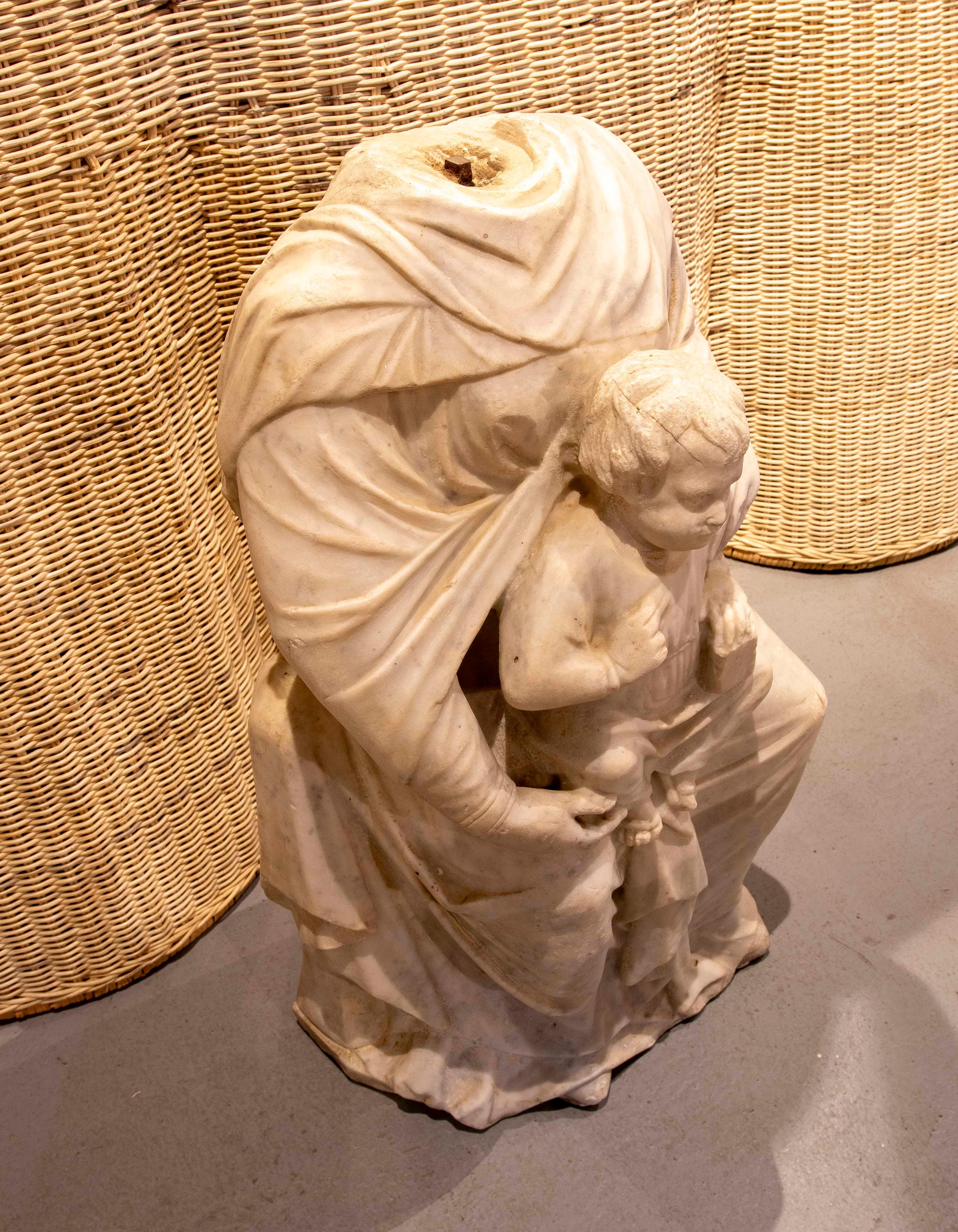 17th Hand Carved Marble Sculpture of Virgin with Child For Sale 1