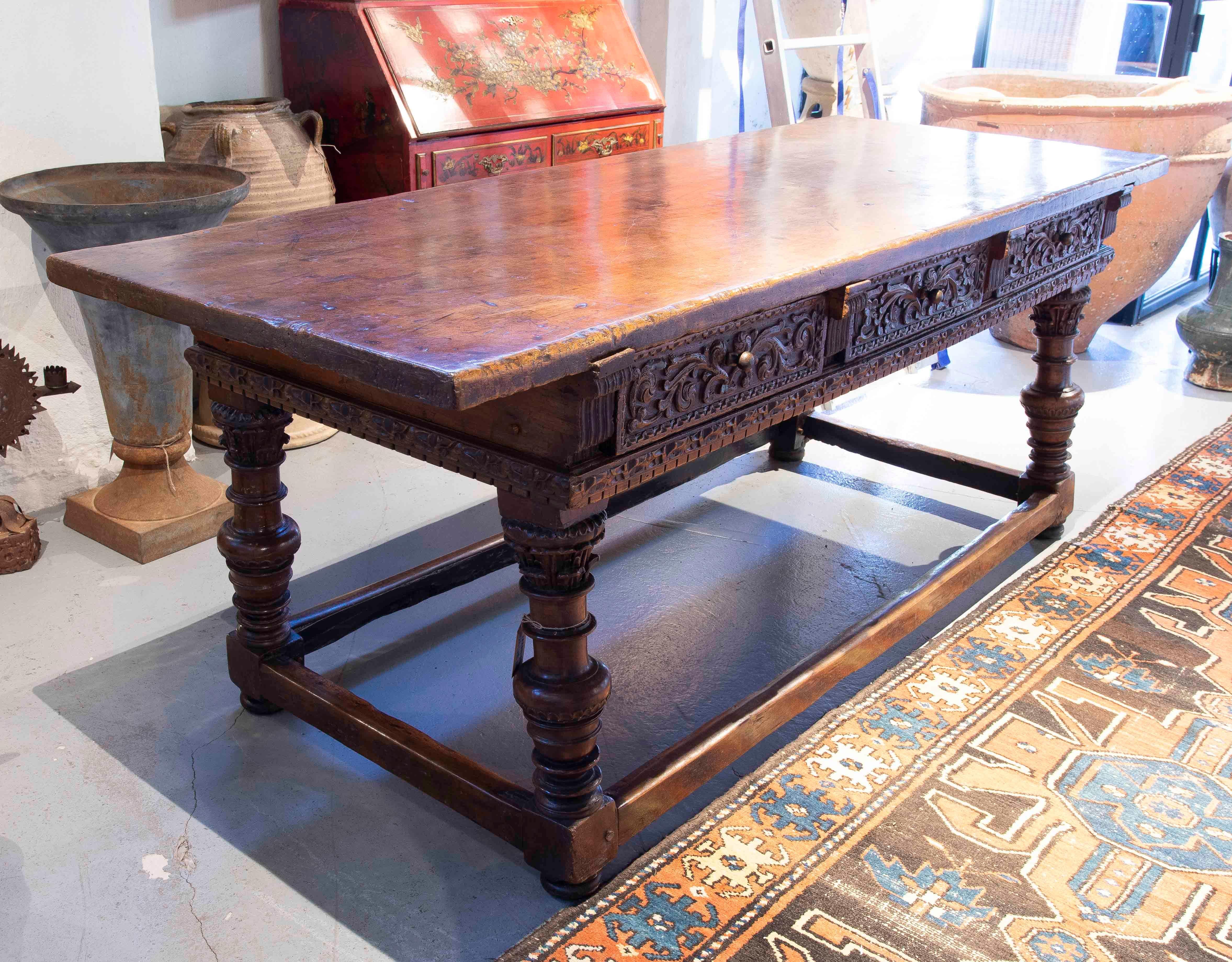 Spanish 17th Hand-Carved Wooden Table from Burgos with Drawers For Sale